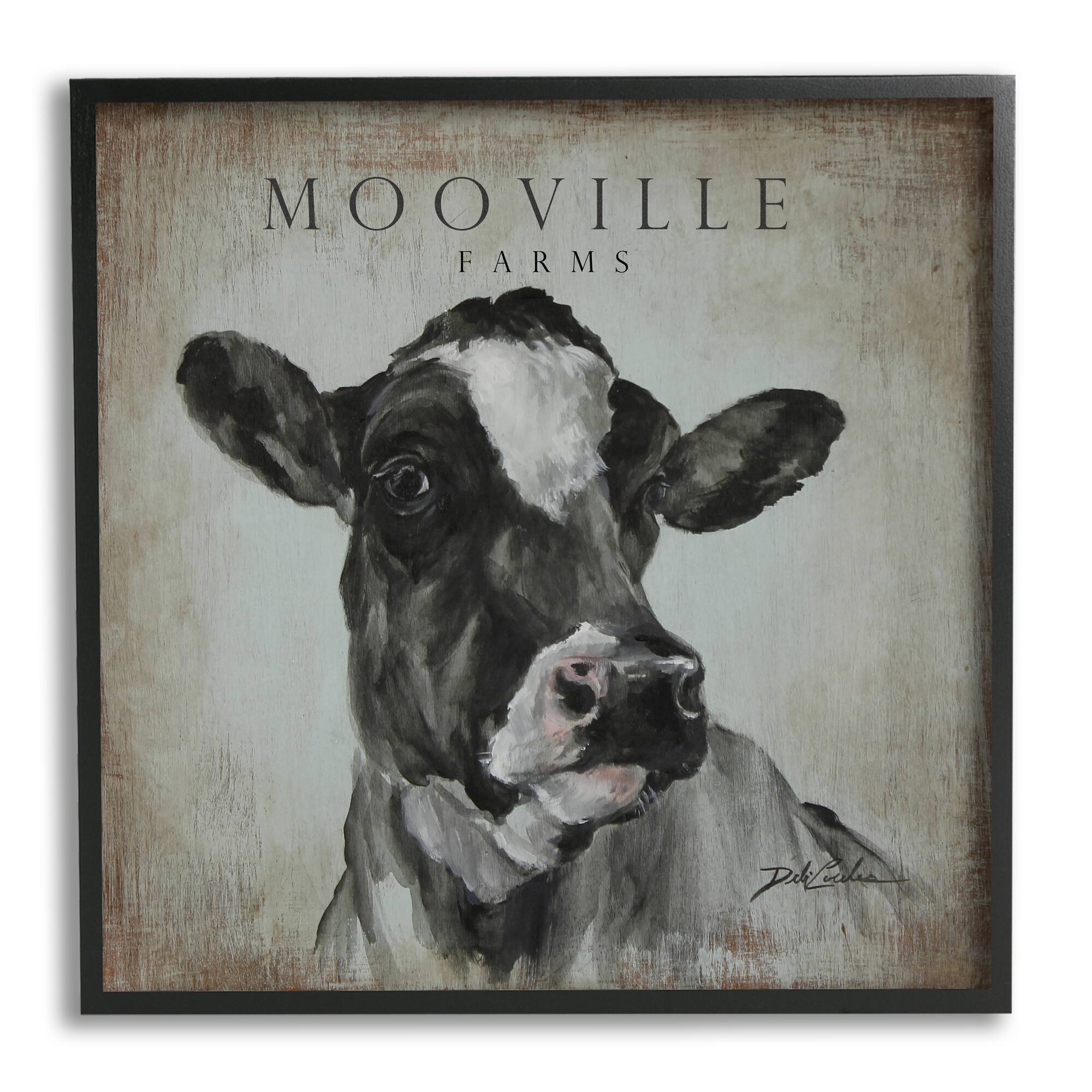 Stupell Industries Mooville Farms Rustic Sign Vintage Dairy Cow Portrait Framed Wall Art
