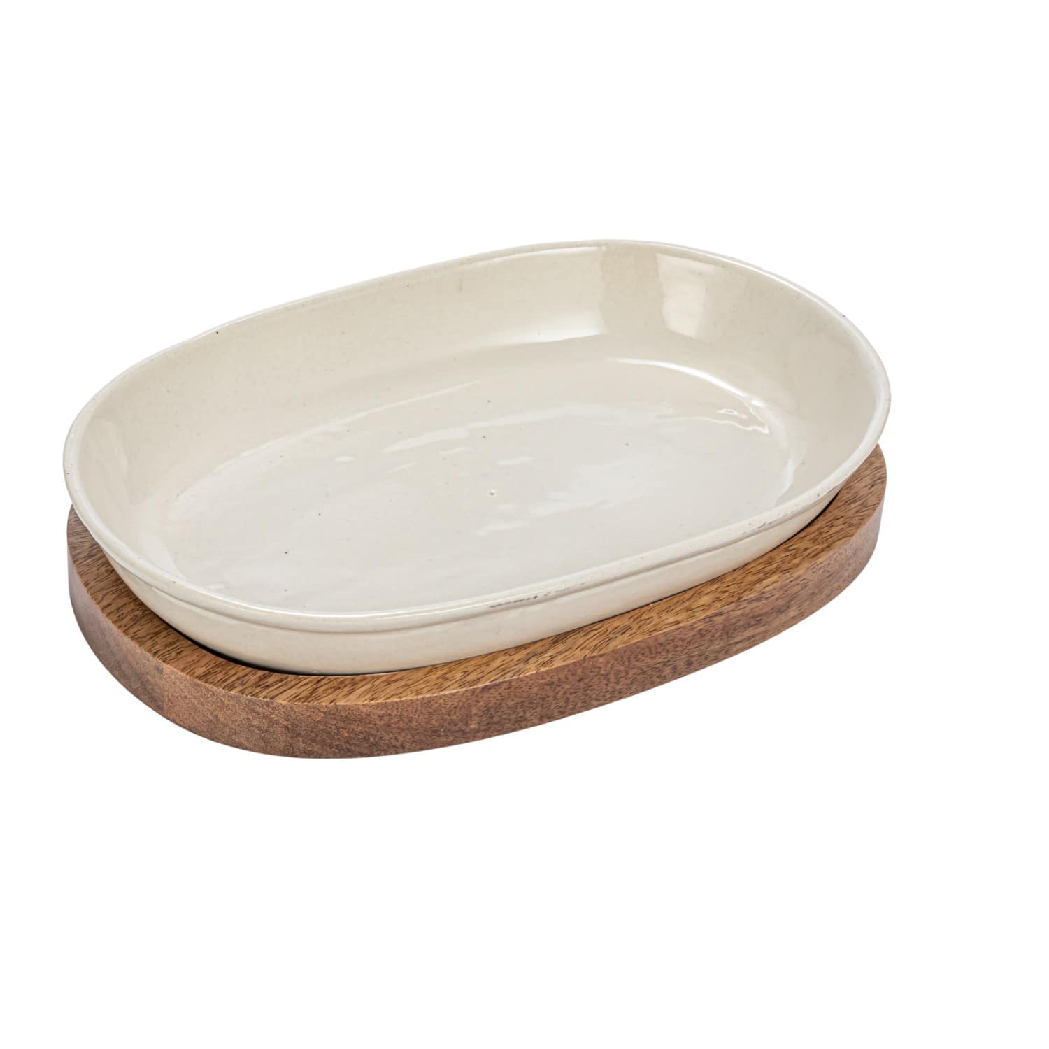 Hello Honey&#xAE; 13&#x22; Cream Stoneware Serving Dish with Natural Mango Wood Base