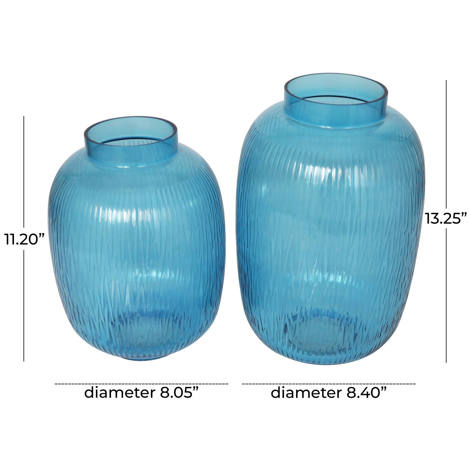Blue Glass Ribbed Vase Set