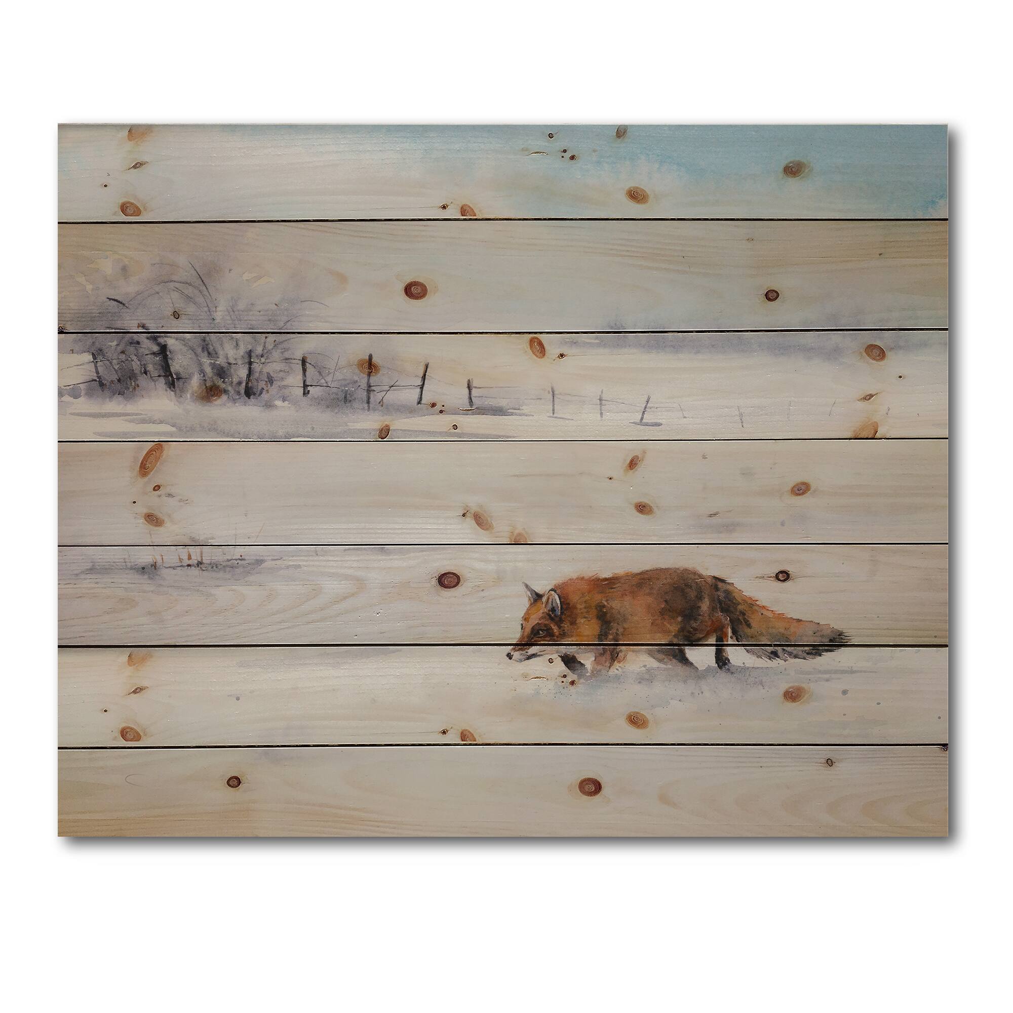 Designart - Red Fox Running In White Snow I - Farmhouse Print on Natural Pine Wood