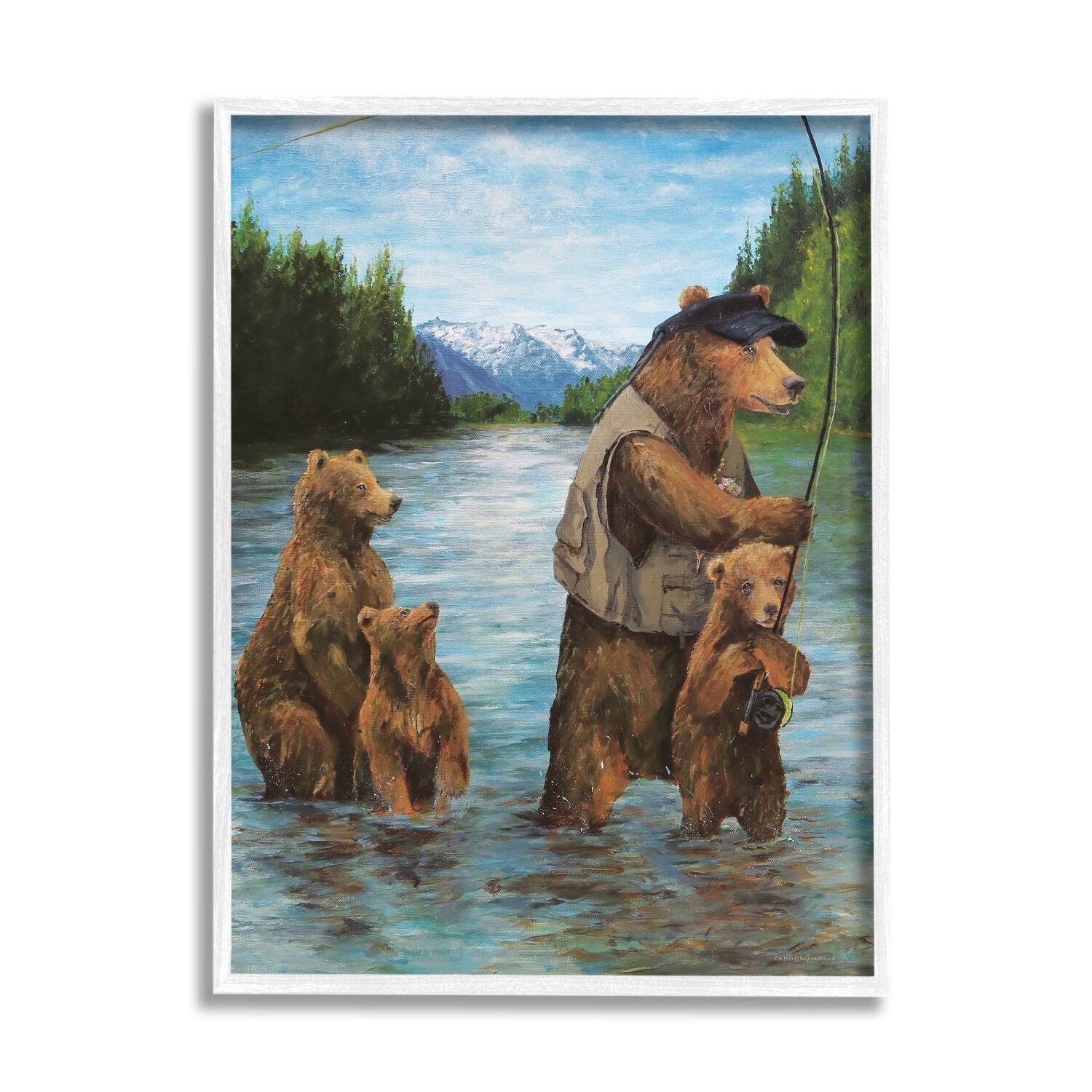 Stupell Industries Brown Grizzly Bear Family Fishing Mountain Lake Landscape Framed Giclee Art