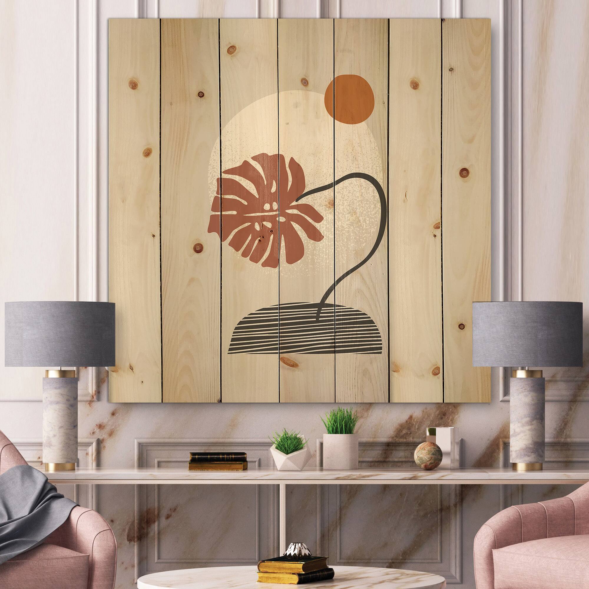Designart - Tropical Palm Leaf & Abstract Geometry Shapes III - Modern Print on Natural Pine Wood