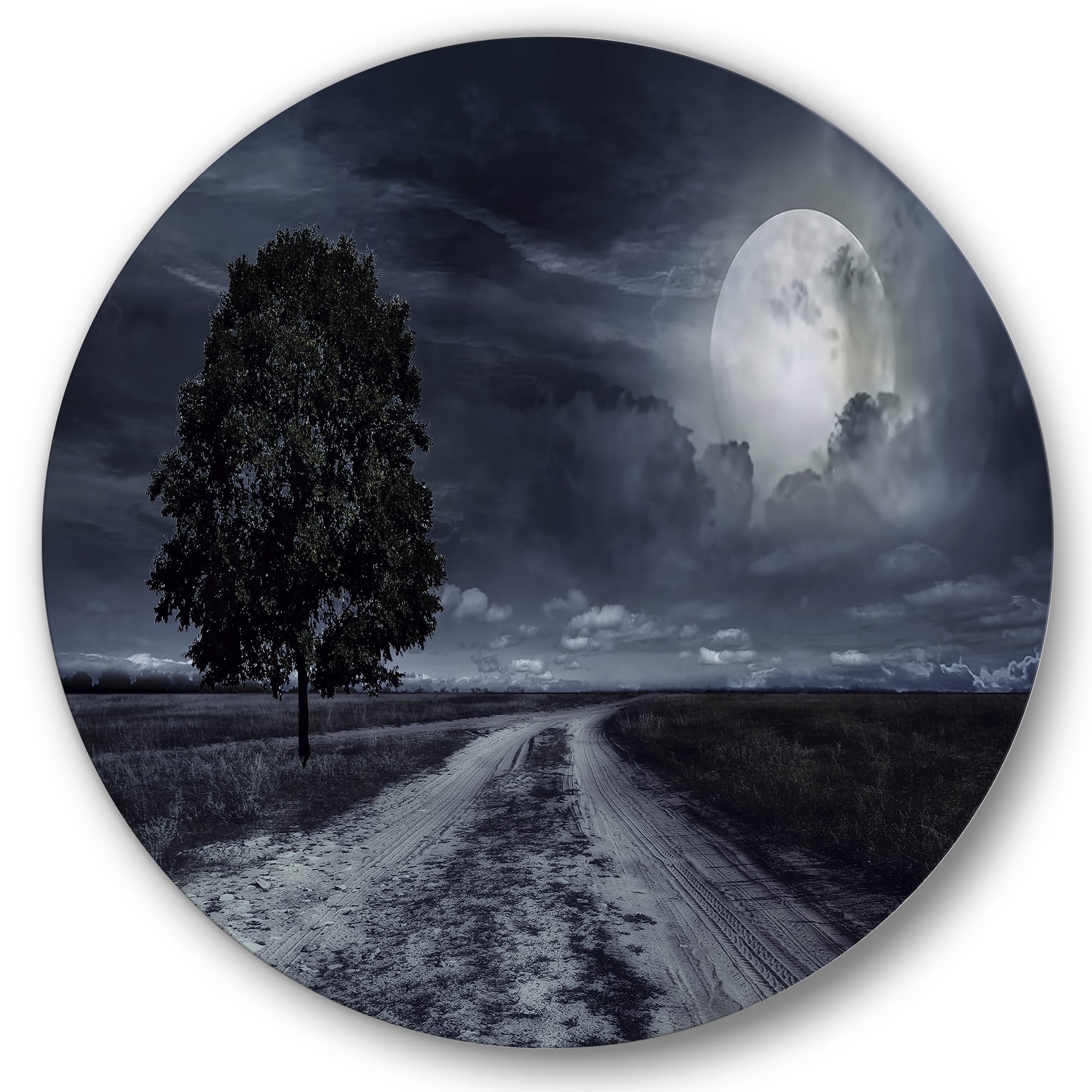 Designart - Paved Road Under A Full Moon - Nautical &#x26; Coastal Metal Circle Wall Art