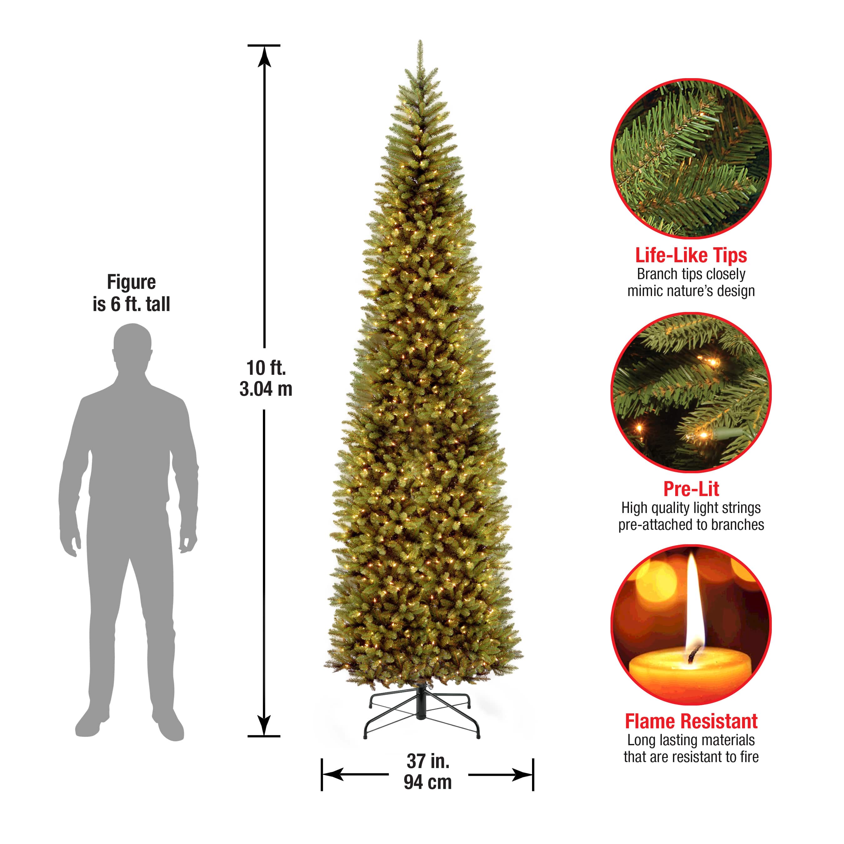 10 ft. Pre-lit Kingswood Fir Pencil Artificial Christmas Tree, Clear Lights