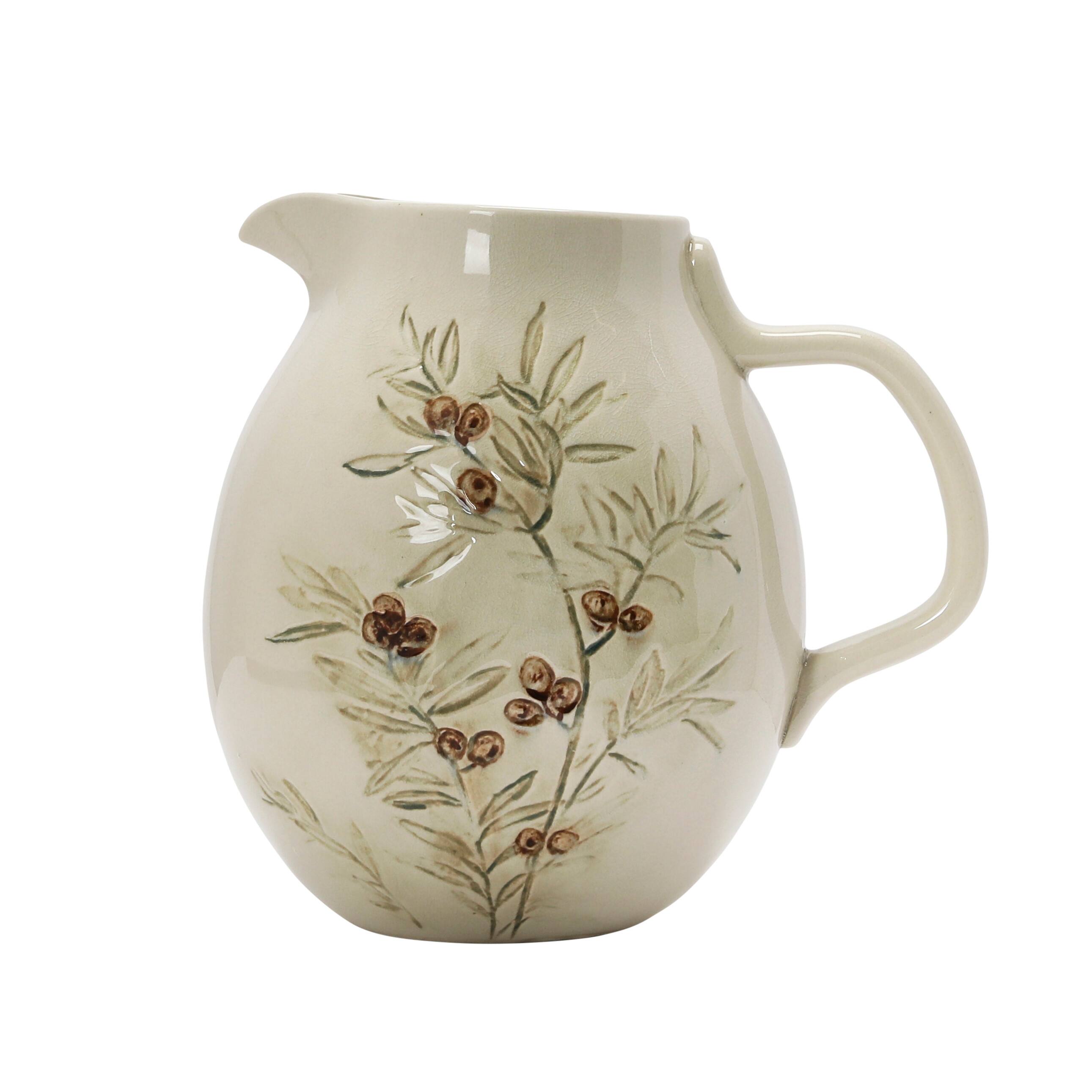Hello Honey® 3qt. Cream & Green Olive Branch Design Debossed Stoneware Pitcher