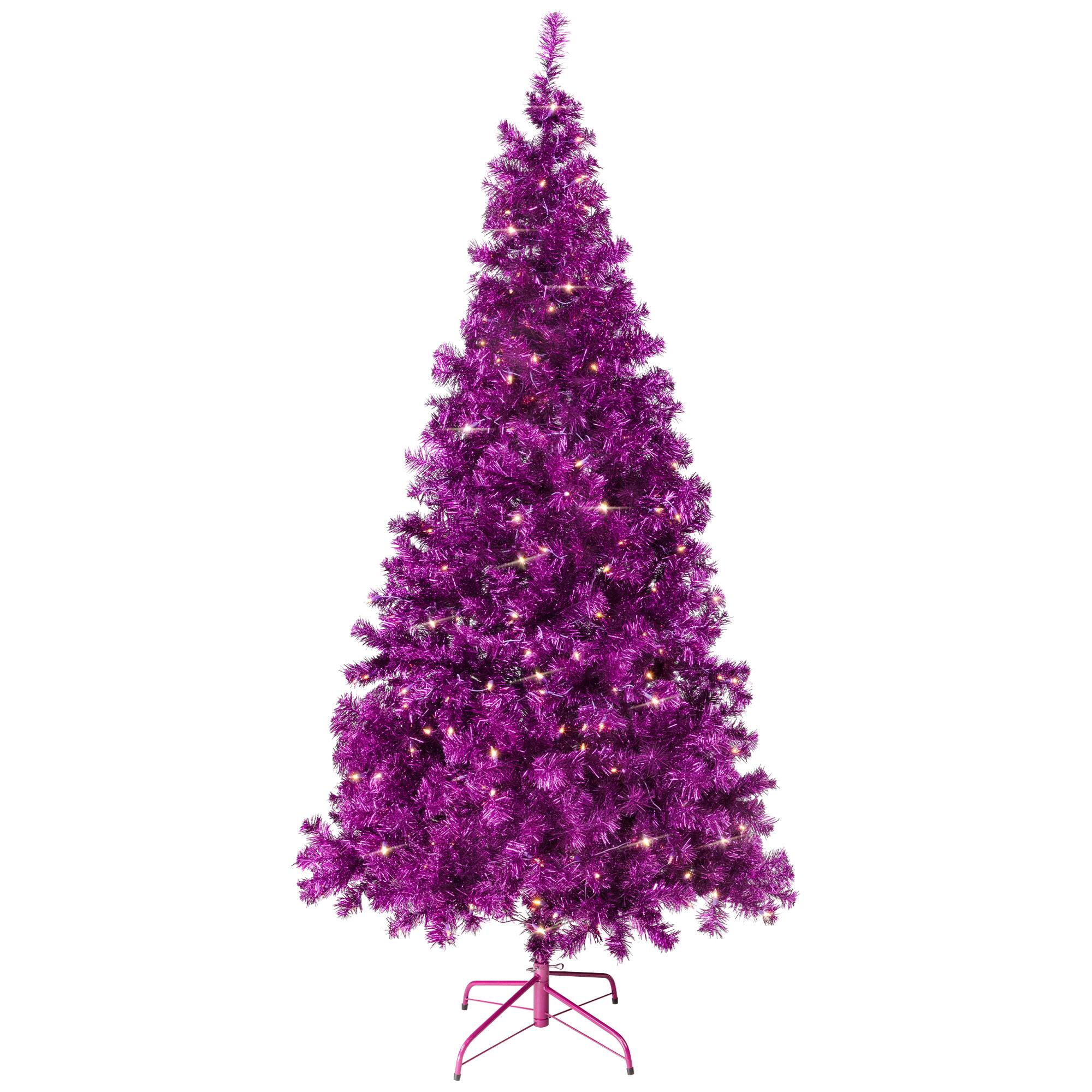 9ft. Pre-Lit Purple Artificial Tinsel Christmas Tree, Clear Lights