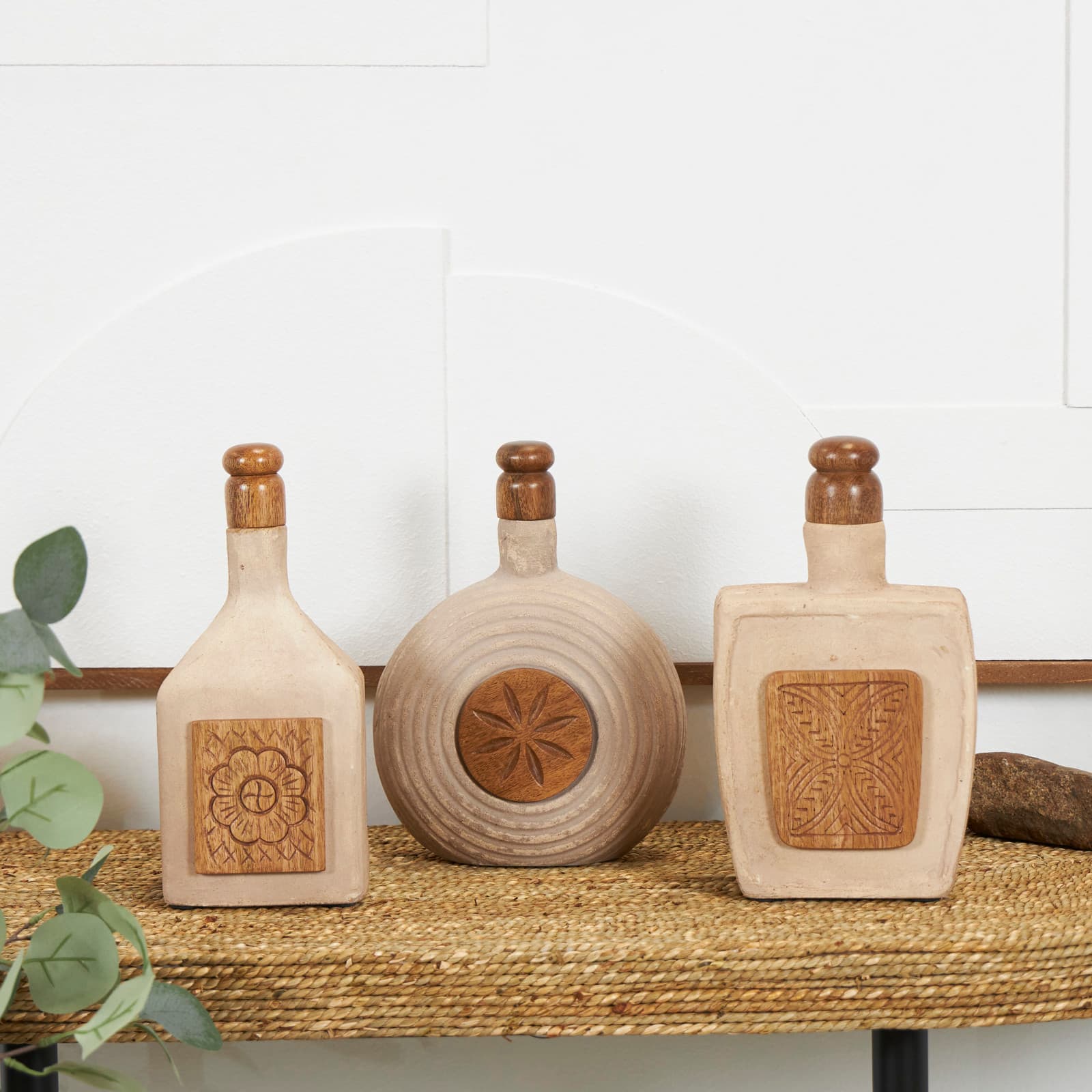 Brown Paper Mache Floral Decorative Jars with Carved Wood Etchings Set