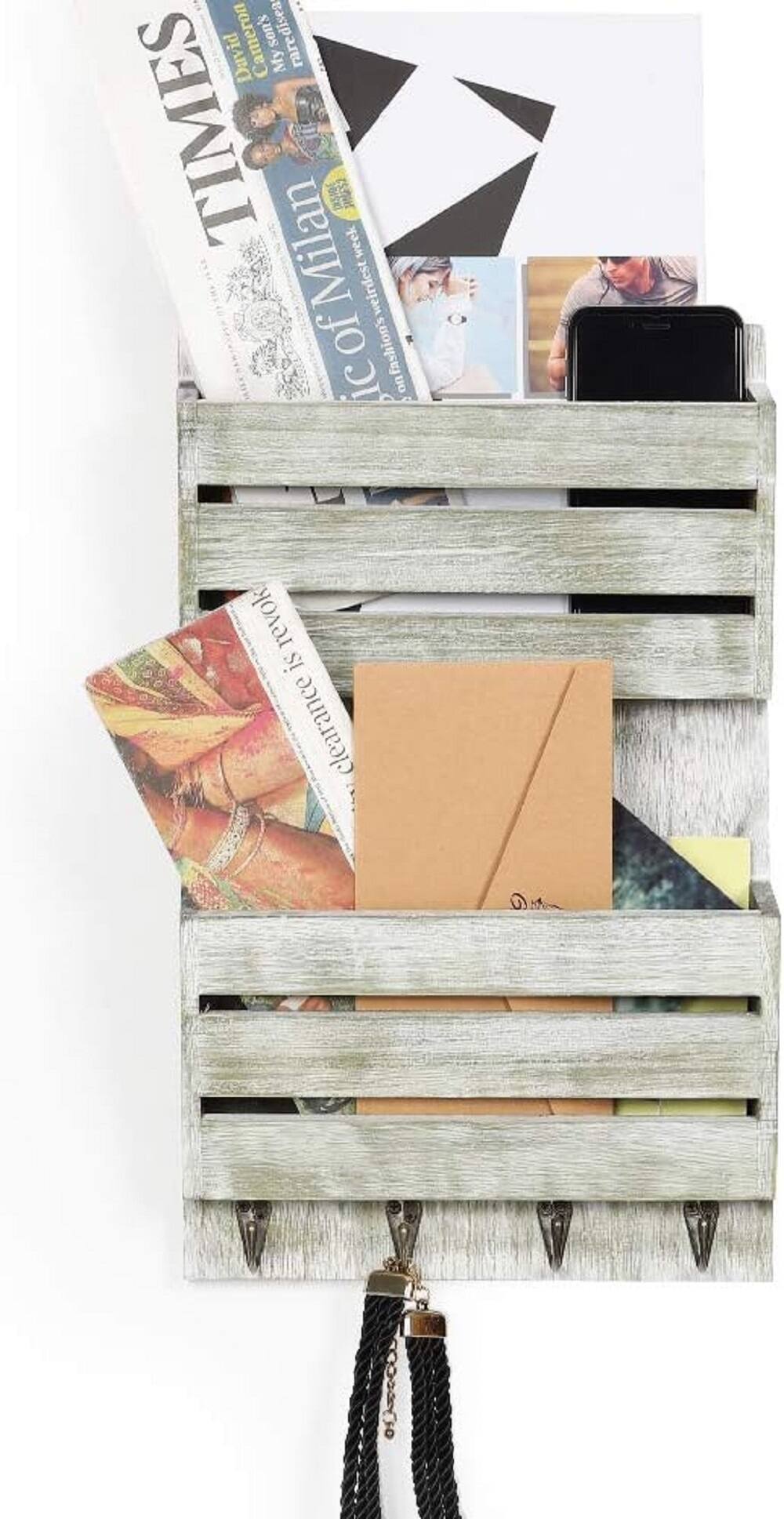 NEX™ 16" Olive Green Wood Wall-Mounted Mail & Key Holder Organizer with 4 Key Hooks