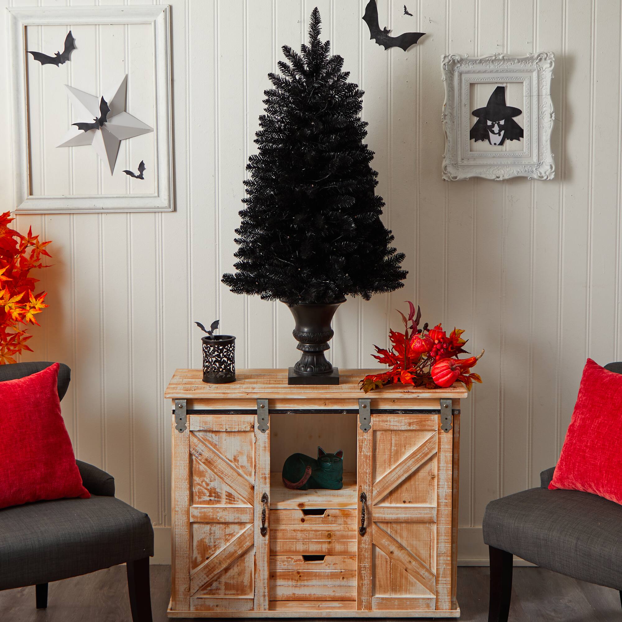 4ft. Black Artificial Halloween Tree in Urn, Orange LED Lights