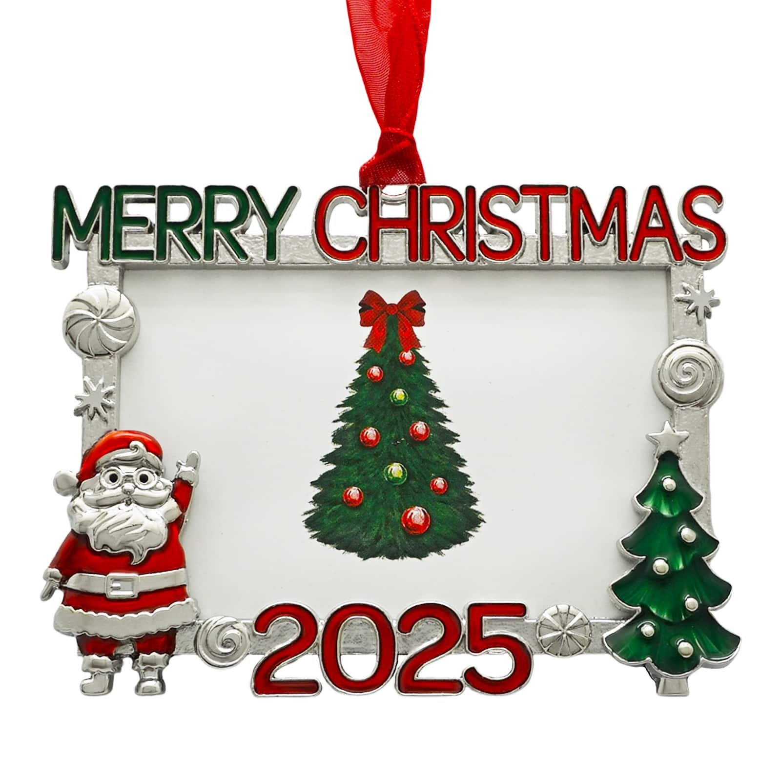 2&#x22; x 3&#x22; Silver, Red &#x26; Green Merry Christmas 2025 Metal Ornament Frame by Studio D&#xE9;cor&#xAE;