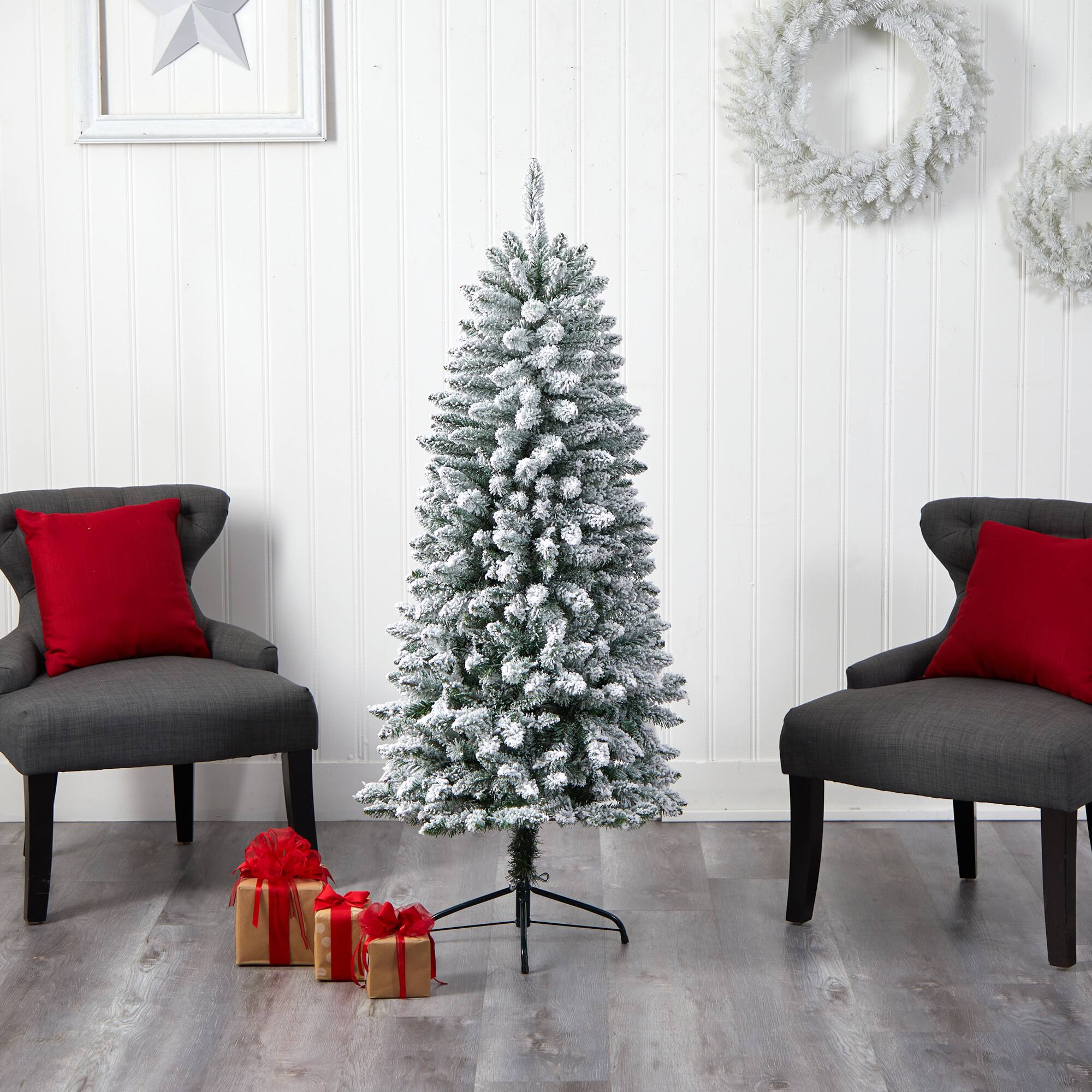 5ft. Pre-Lit Flocked Montreal Fir Artificial Christmas Tree, Warm White LED Lights