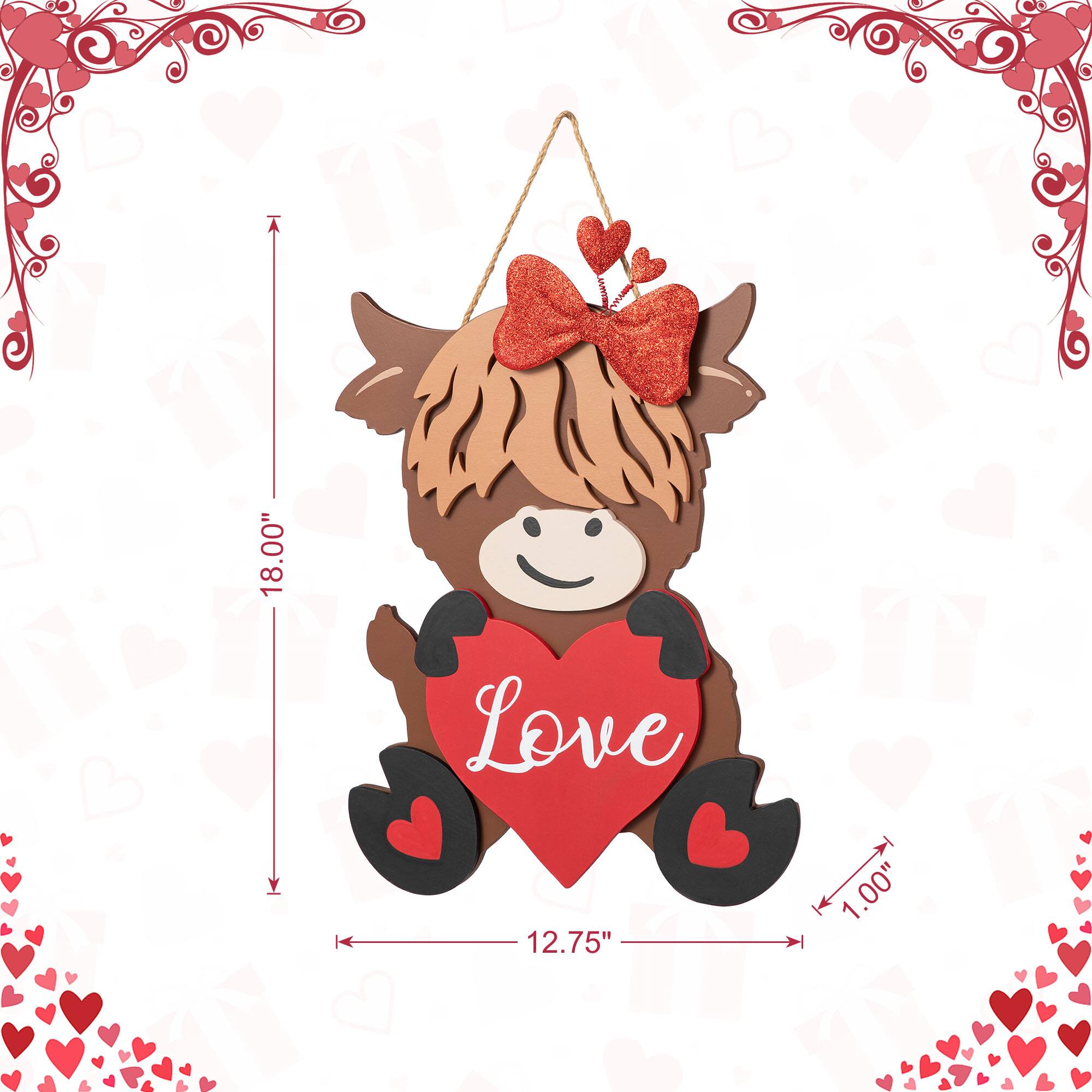 Glitzhome® 18" Valentine's Wooden Highland Cow Door Hanger