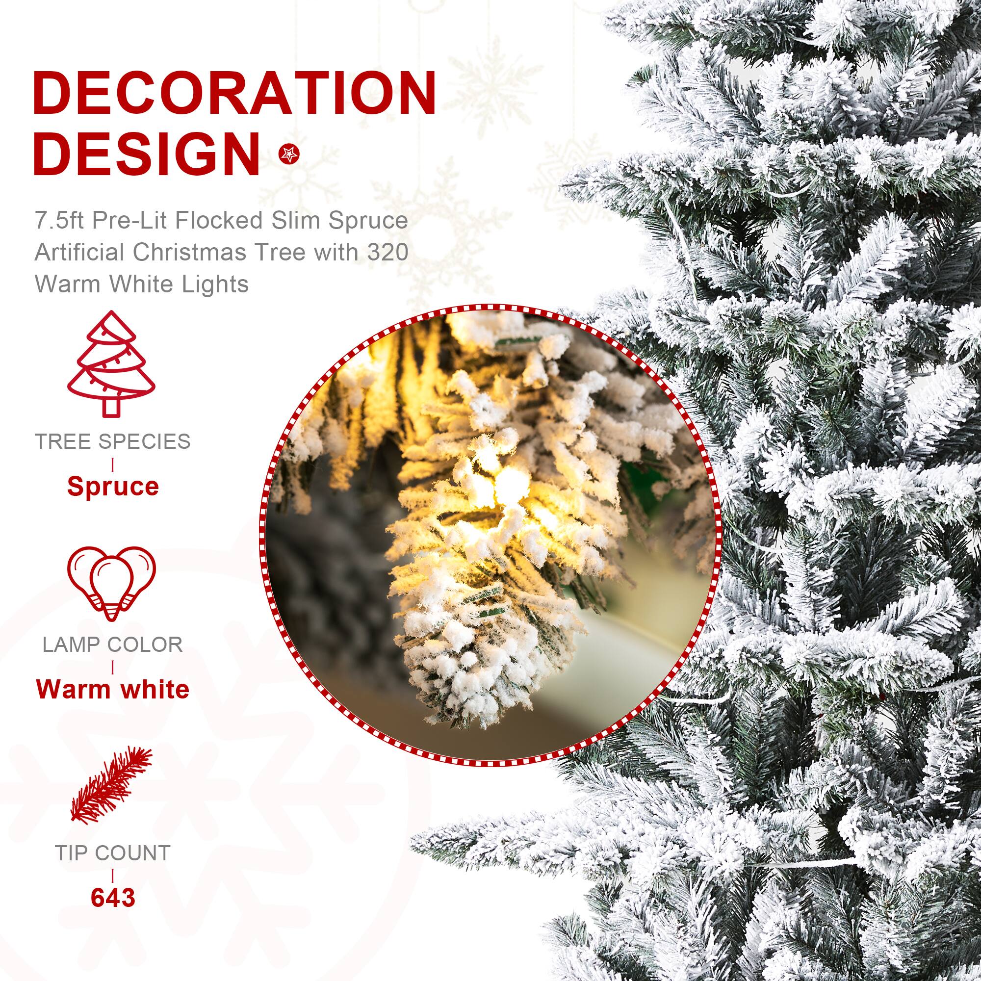 7.5ft. Pre-Lit Flocked Slim Spruce Artificial Christmas Tree, Warm White LED Lights