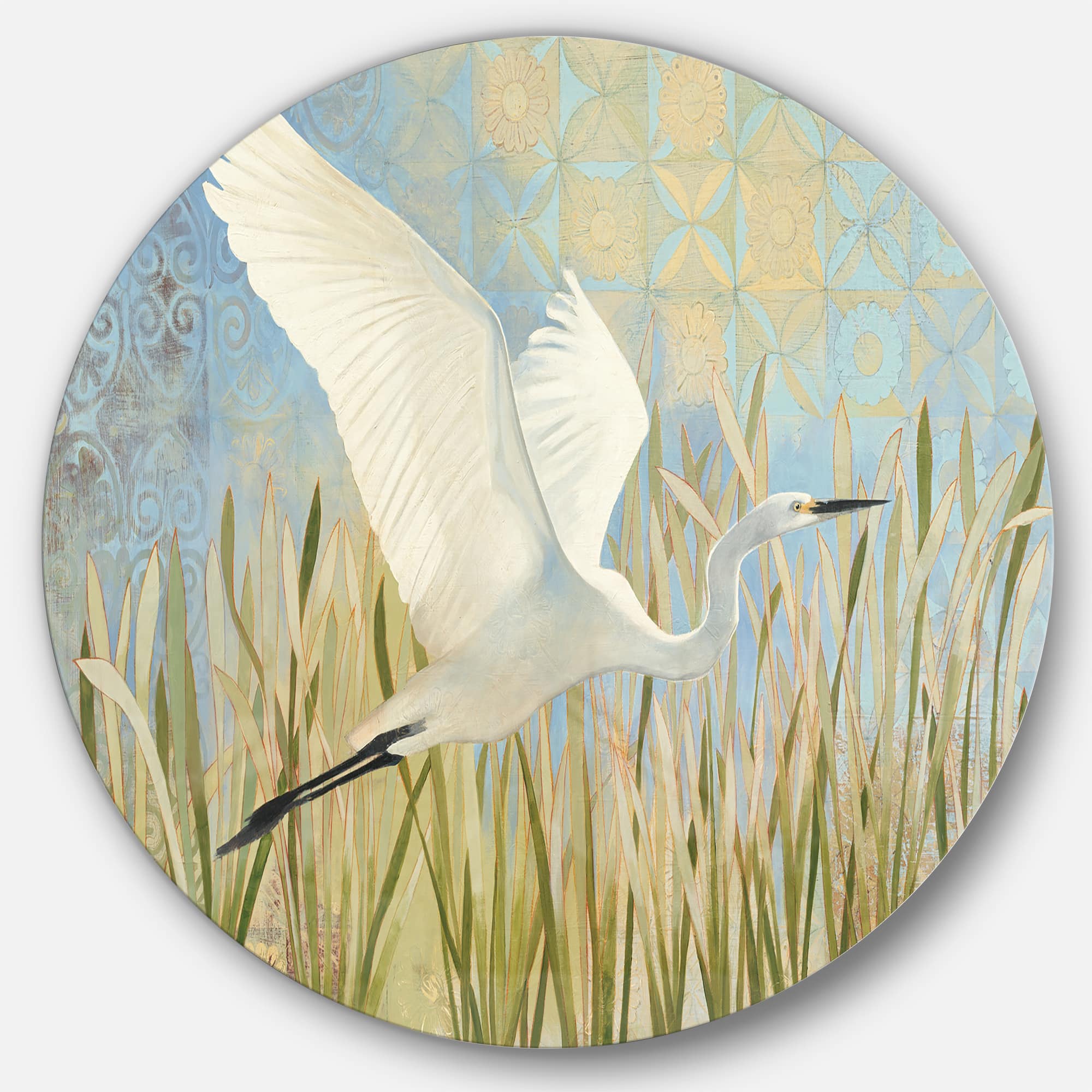 Designart - Snowy Egret in Flight vII - Farmhouse Metal Circle Wall Art