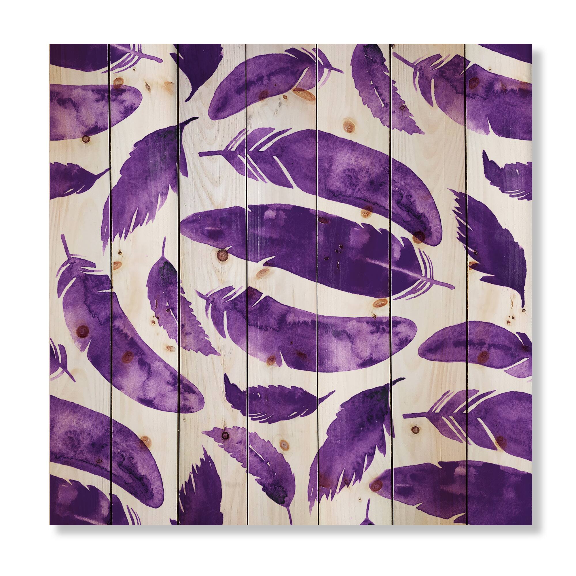 Designart - Ethnic VIolet Feathers - Bohemian &#x26; Eclectic Print on Natural Pine Wood