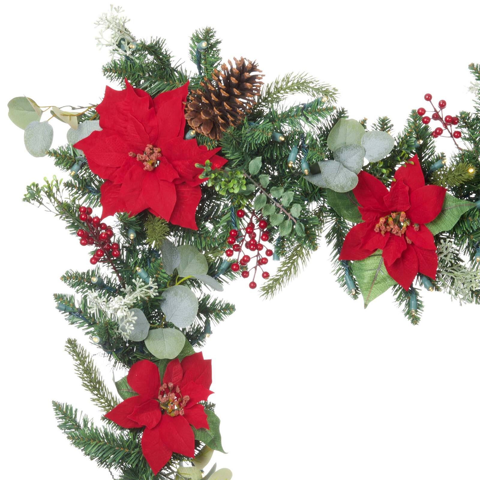 9ft. Pre-Lit LED Christmas Poinsettia Artificial Garland