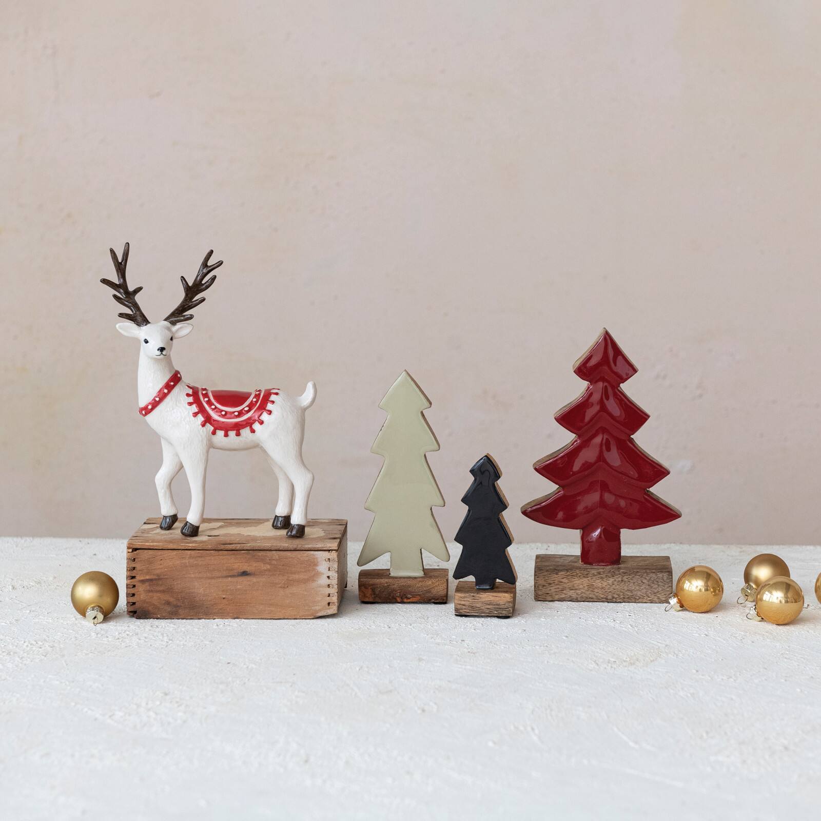 Hello Honey&#xAE; 8.5&#x22; White, Red &#x26; Black Decorative Stoneware Reindeer