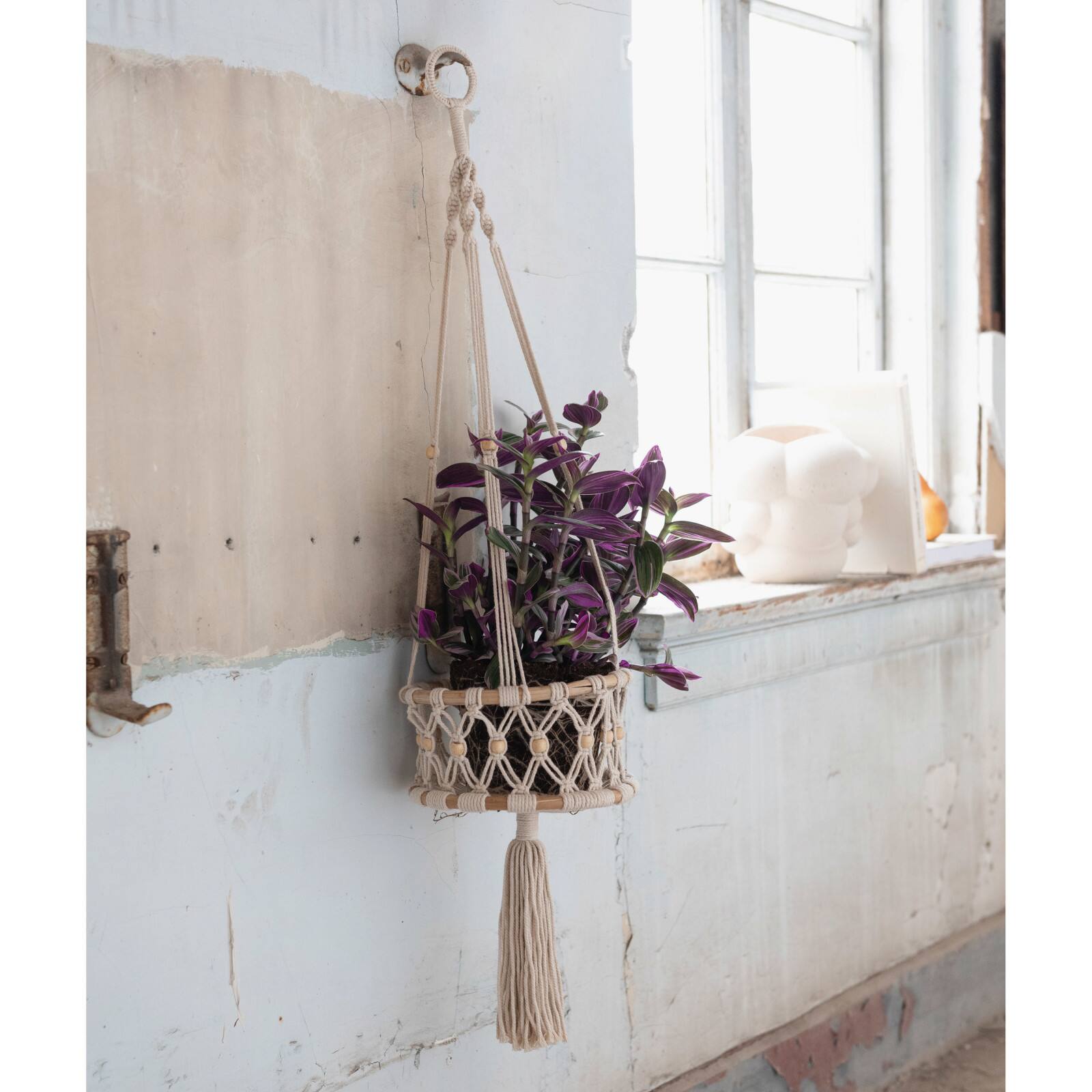 Hello Honey® 33.5" Natural Handwoven Cotton Macramé & Rattan Plant Hanger with Wood Beads