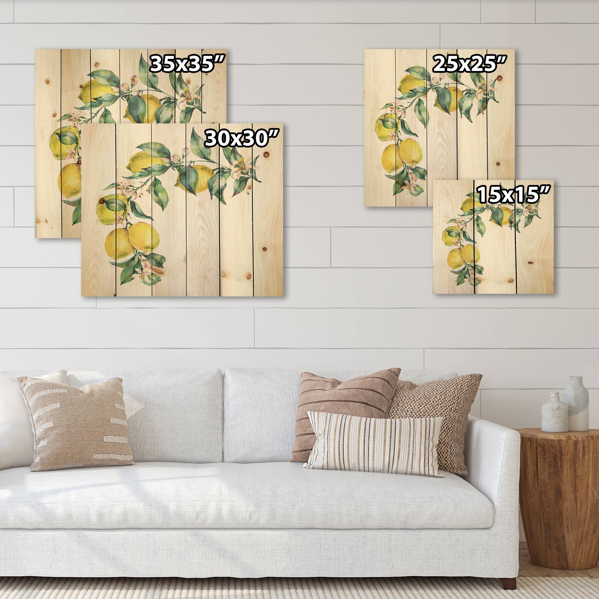 Designart - Branch of Yellow Lemons and Leaves II - Tropical Print on Natural Pine Wood