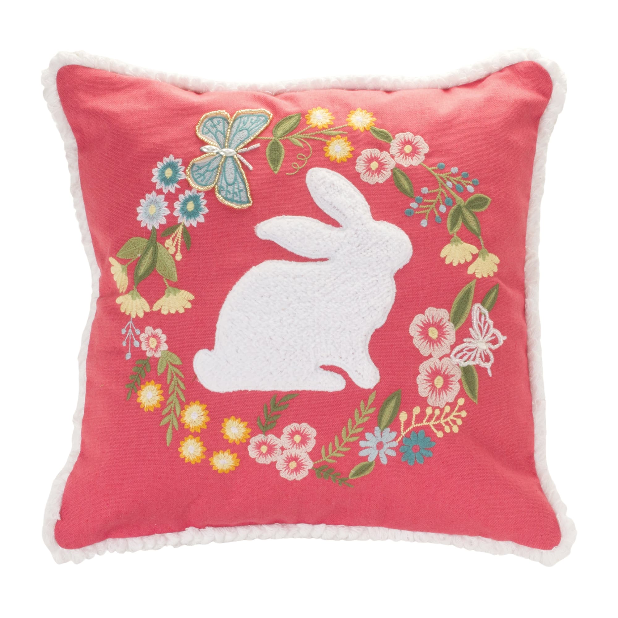 Pink &#x26; White Floral Rabbit Embroidered Decorative Pillow