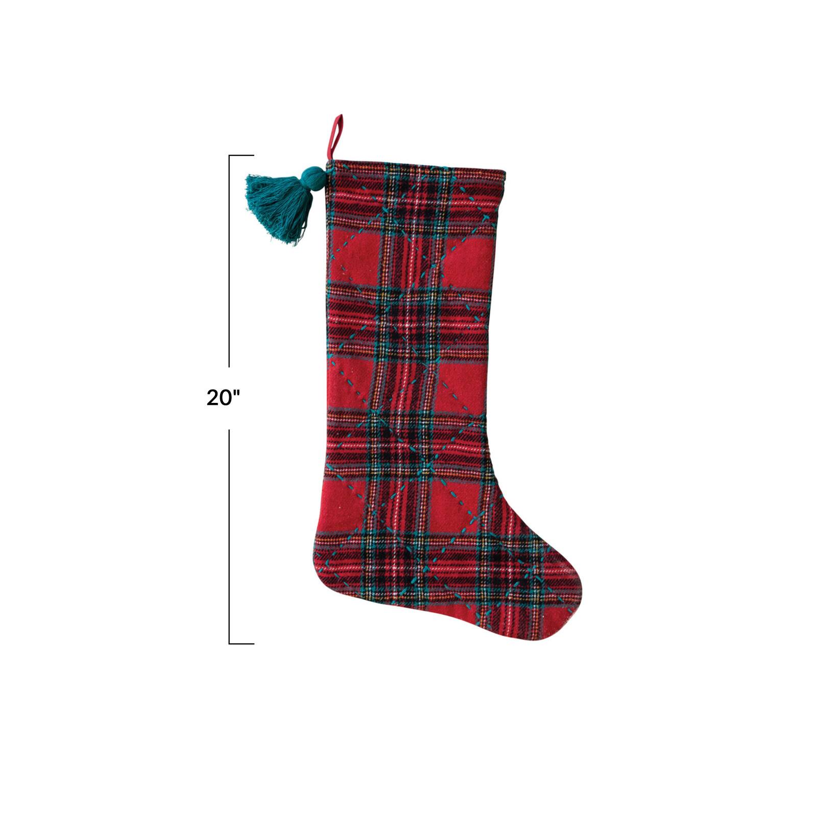 Hello Honey&#xAE; 20&#x22; Red &#x26; Green Plaid Brushed Cotton Flannel Quilted Stocking with Tassel