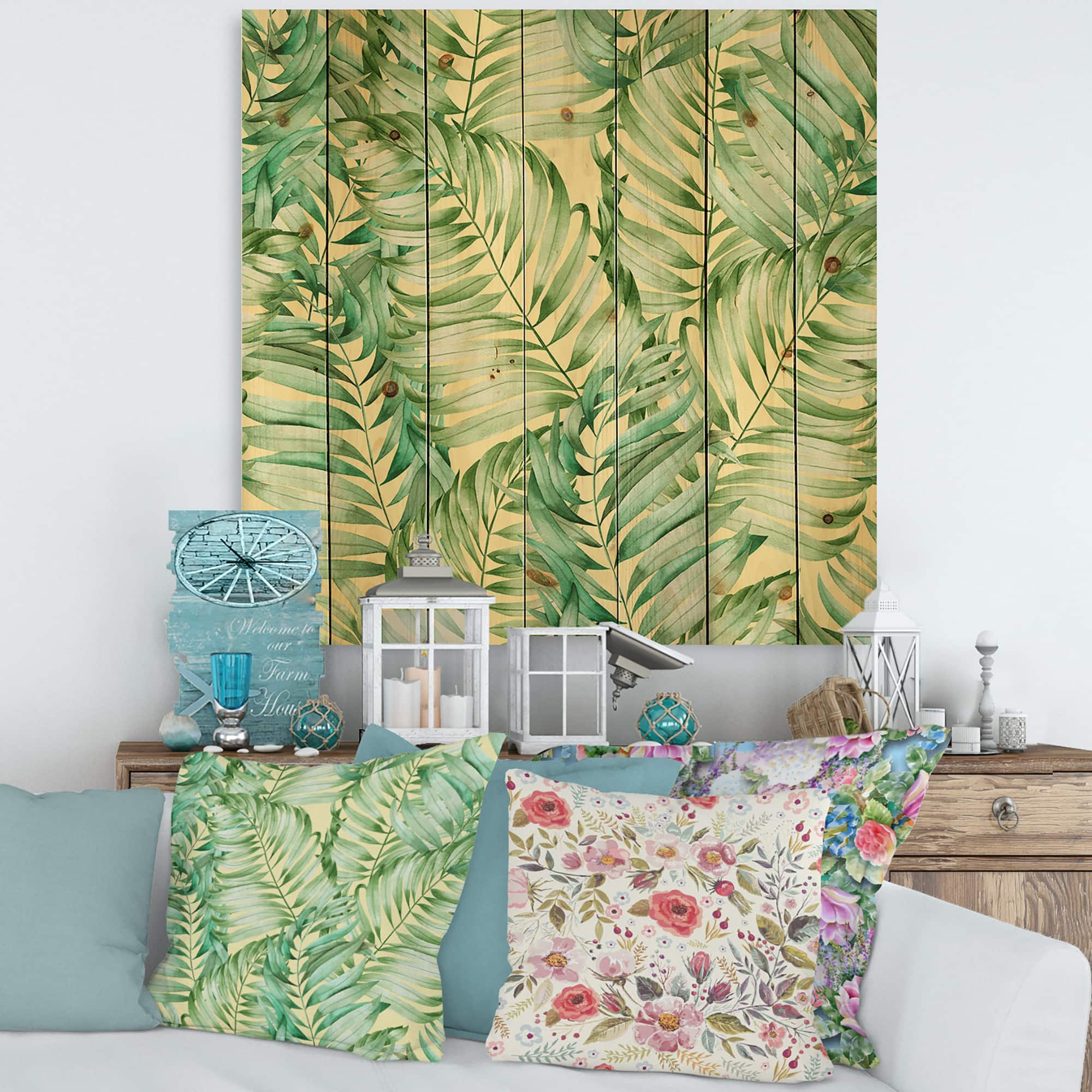 Designart - Tropical Leaves of Monstera - Tropical Print on Natural Pine Wood