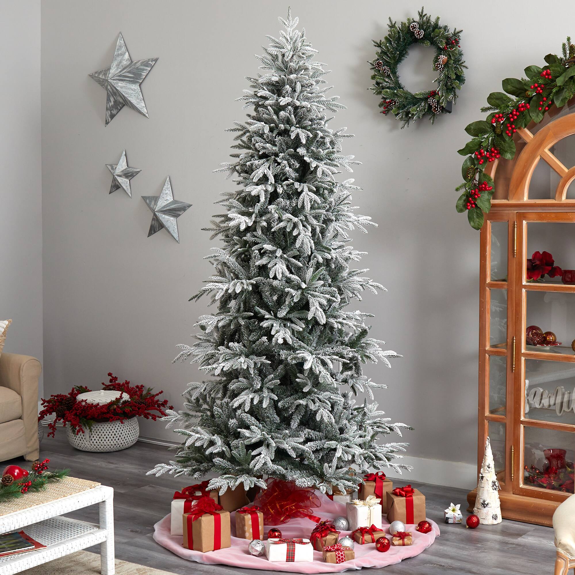 8.5ft. Pre-Lit Flocked Manchester Spruce Artificial Christmas Tree, Warm White Lights