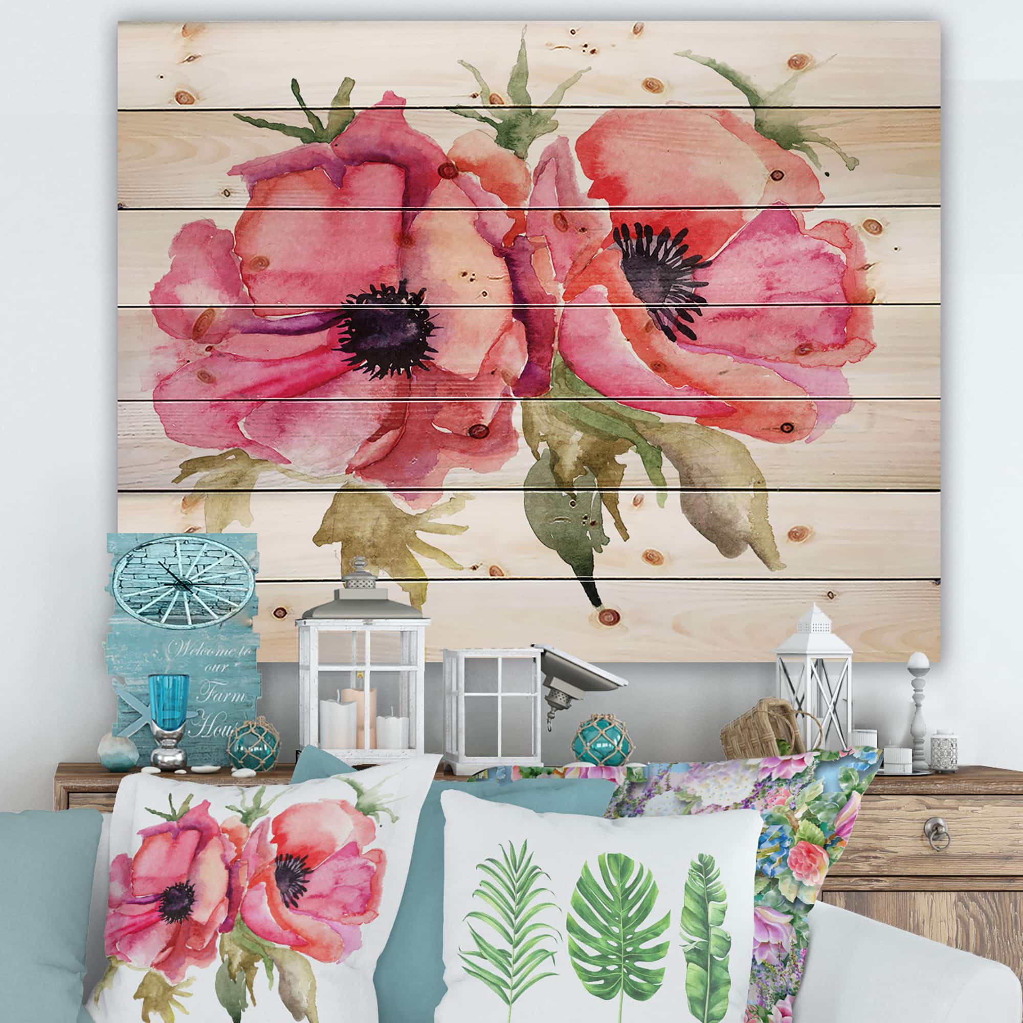 Designart - Stylized Poppy Flowers - Traditional Print on Natural Pine Wood