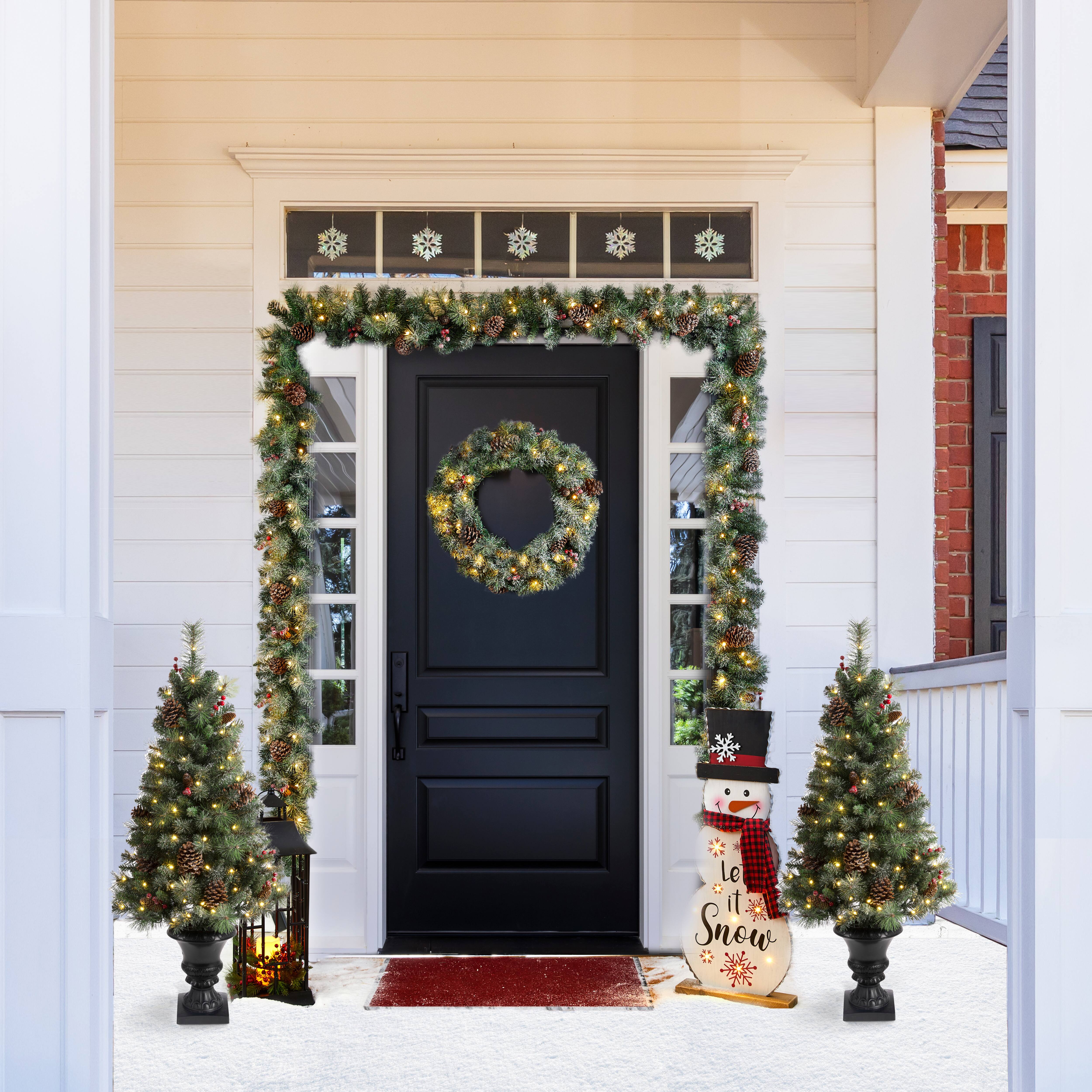 5-Piece Pre-Lit Glittered Pinecone Christmas Wreath, Garland &#x26; Flocked Christmas Tree, Warm White Lights