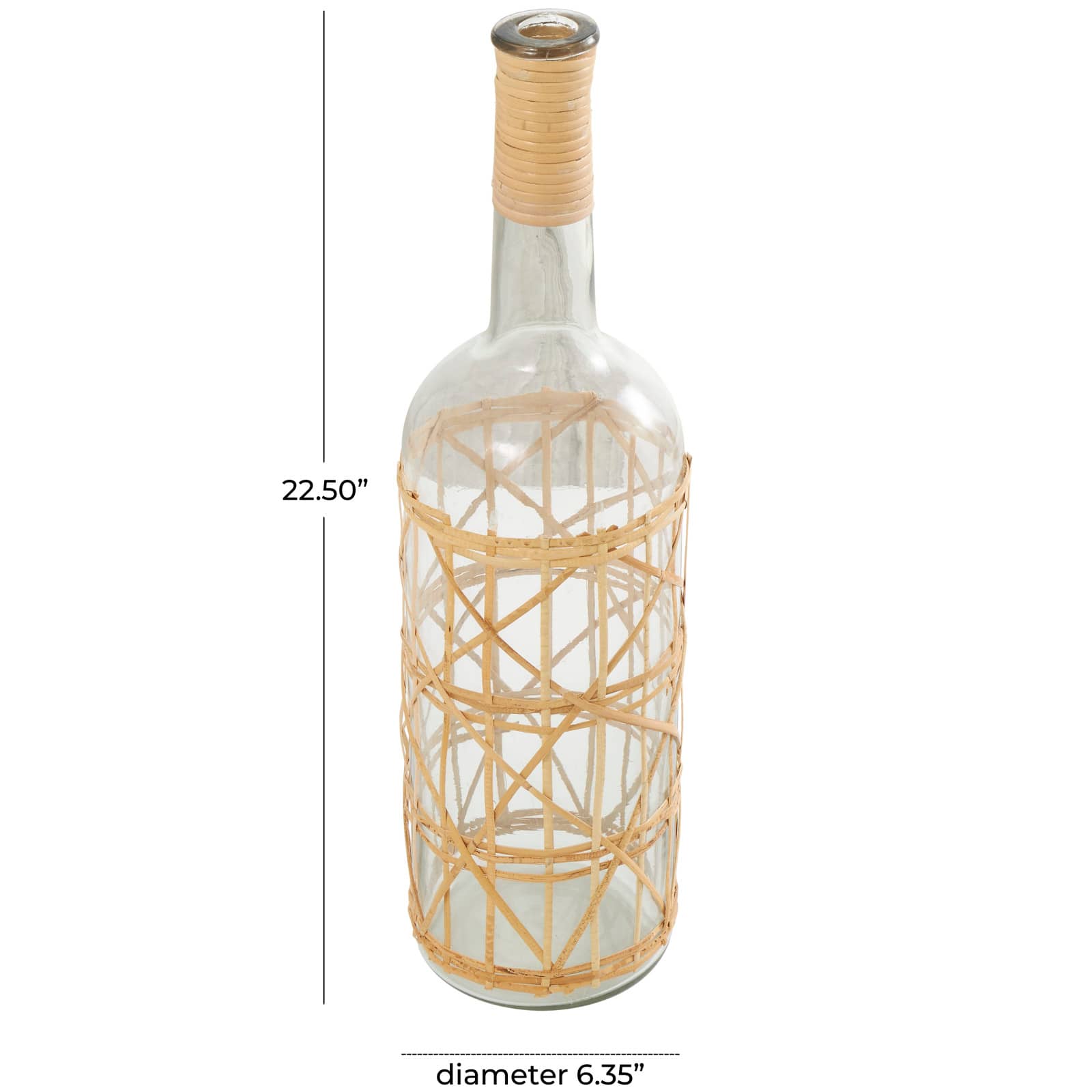 23" Clear Glass Handmade Tall Vase with Light Brown Rattan Woven Body and Neck