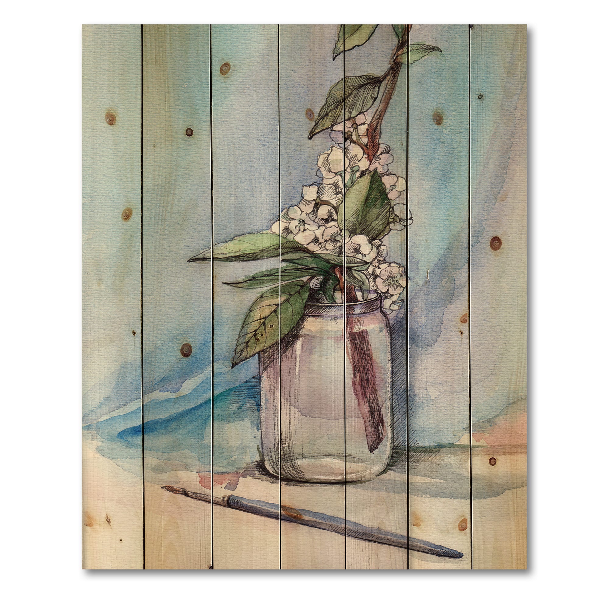 Designart - Cherry Blossom In Glass Jar - Farmhouse Print on Natural Pine Wood