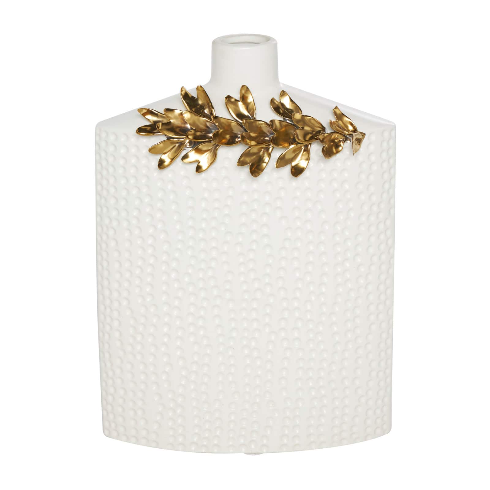 White & Gold Leaf Accent Ceramic Vase Set