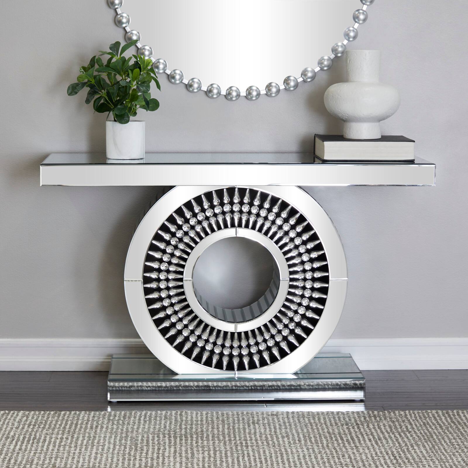 Silver Wood Mirrored Crystal Console Table 47" x 16" x 30"