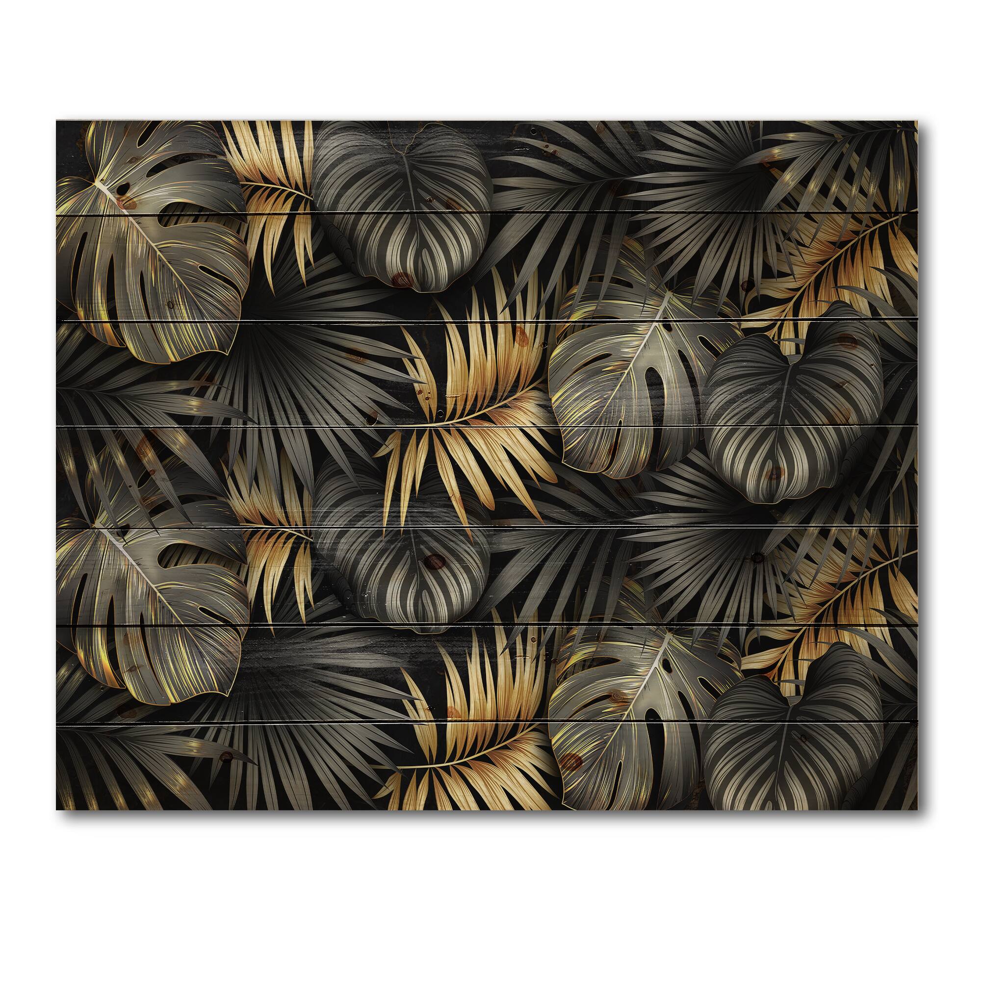 Designart - Black and Gold Tropical Leaves II - Modern Print on Natural Pine Wood