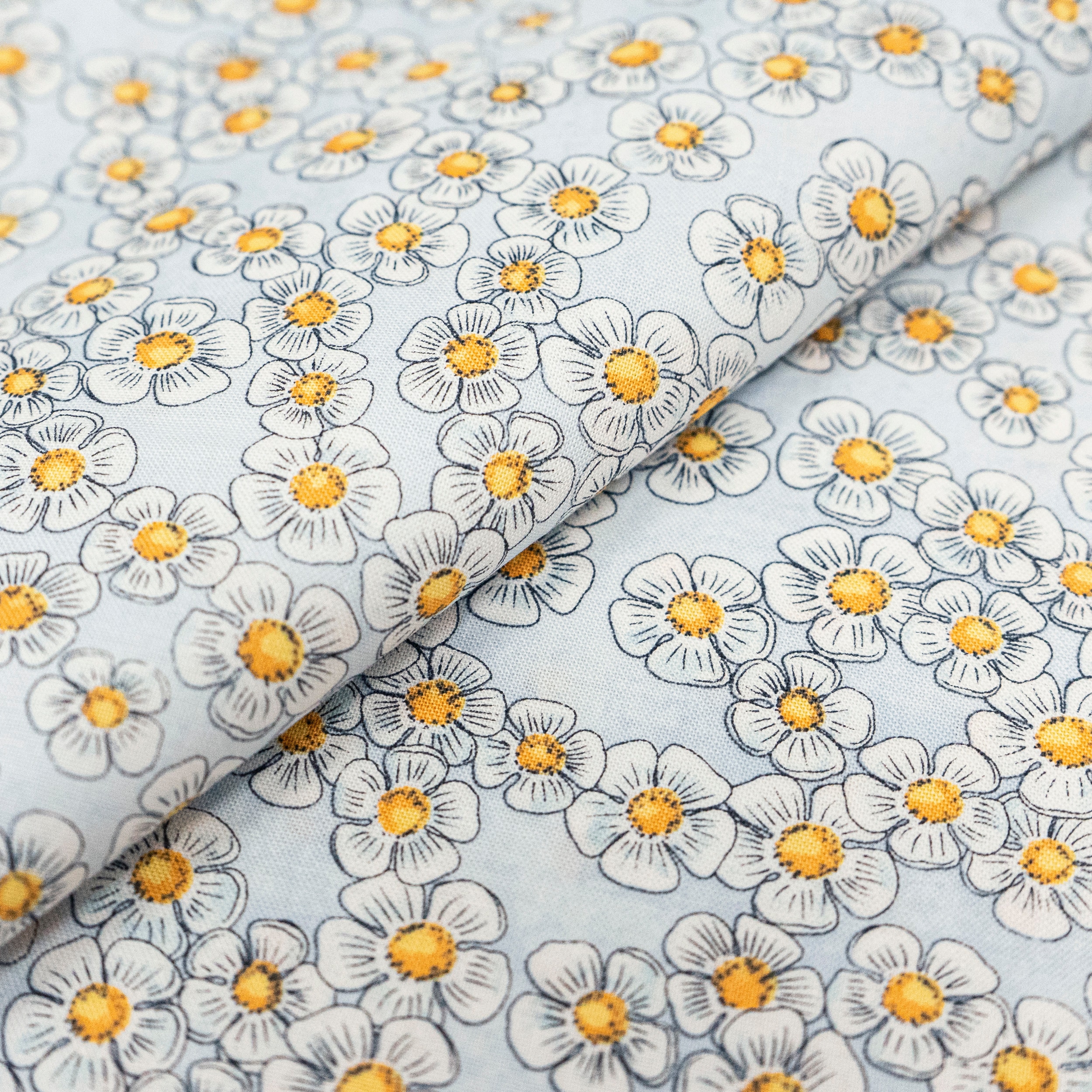 SINGER Yellow & Gray Flower on Blue Cotton Fabric