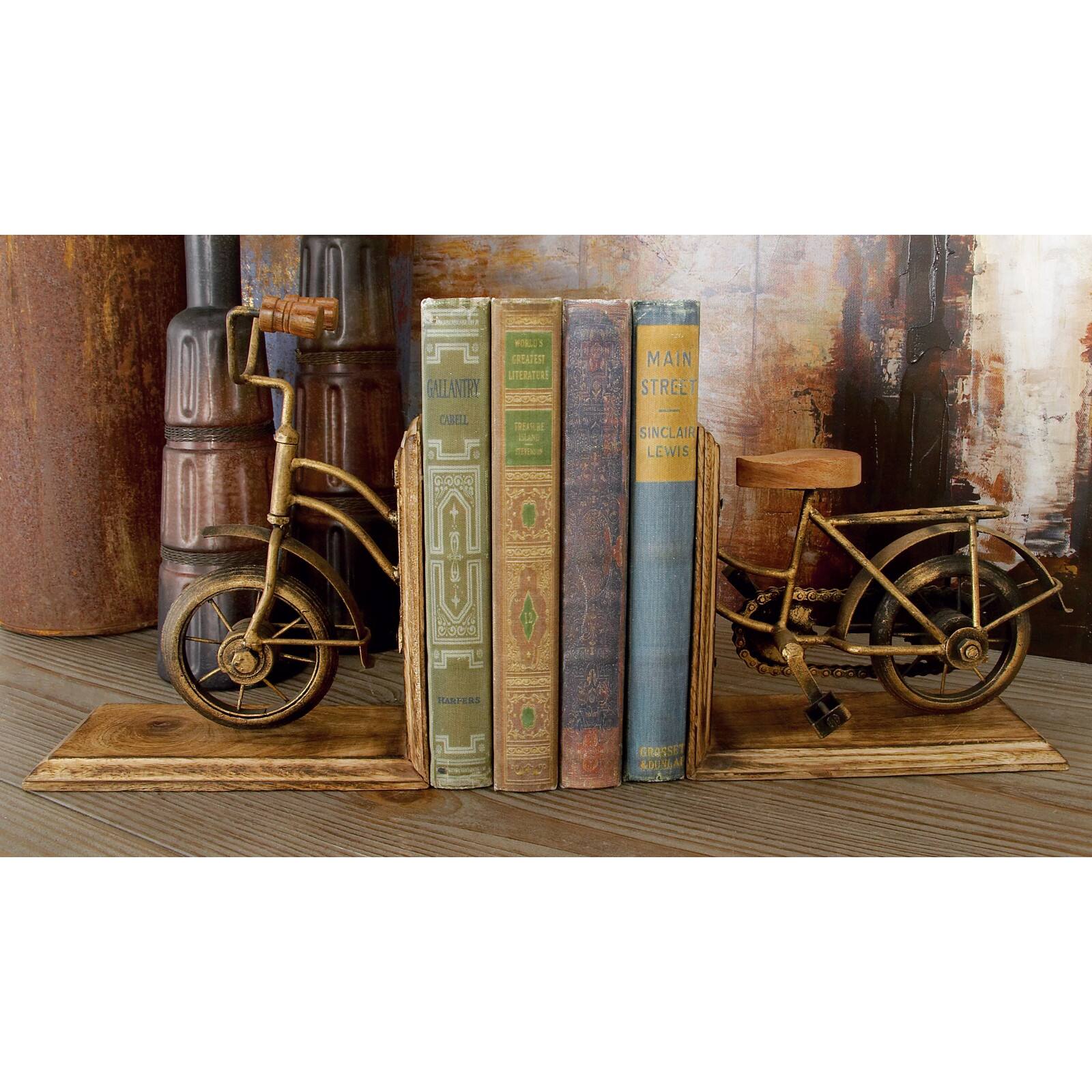 9&#x22; Brass &#x26; Wood Vintage Bicycle Bookends