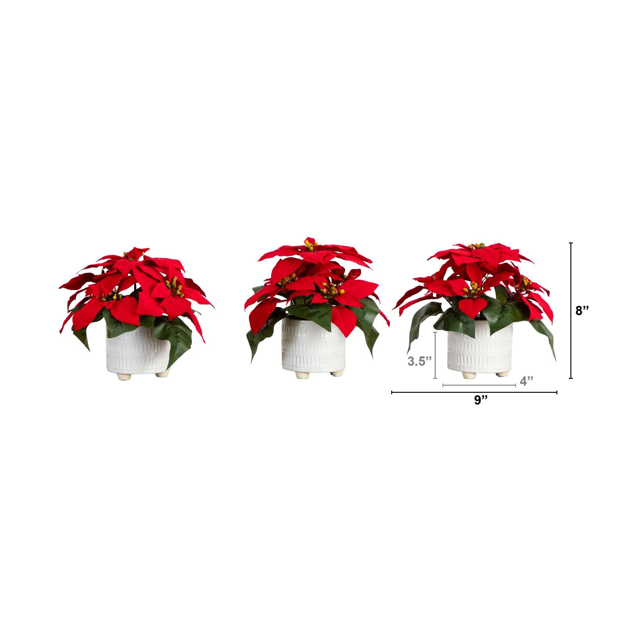 9&#x22; Artificial Poinsettia Arrangements in White Ceramic Pots, 3ct.
