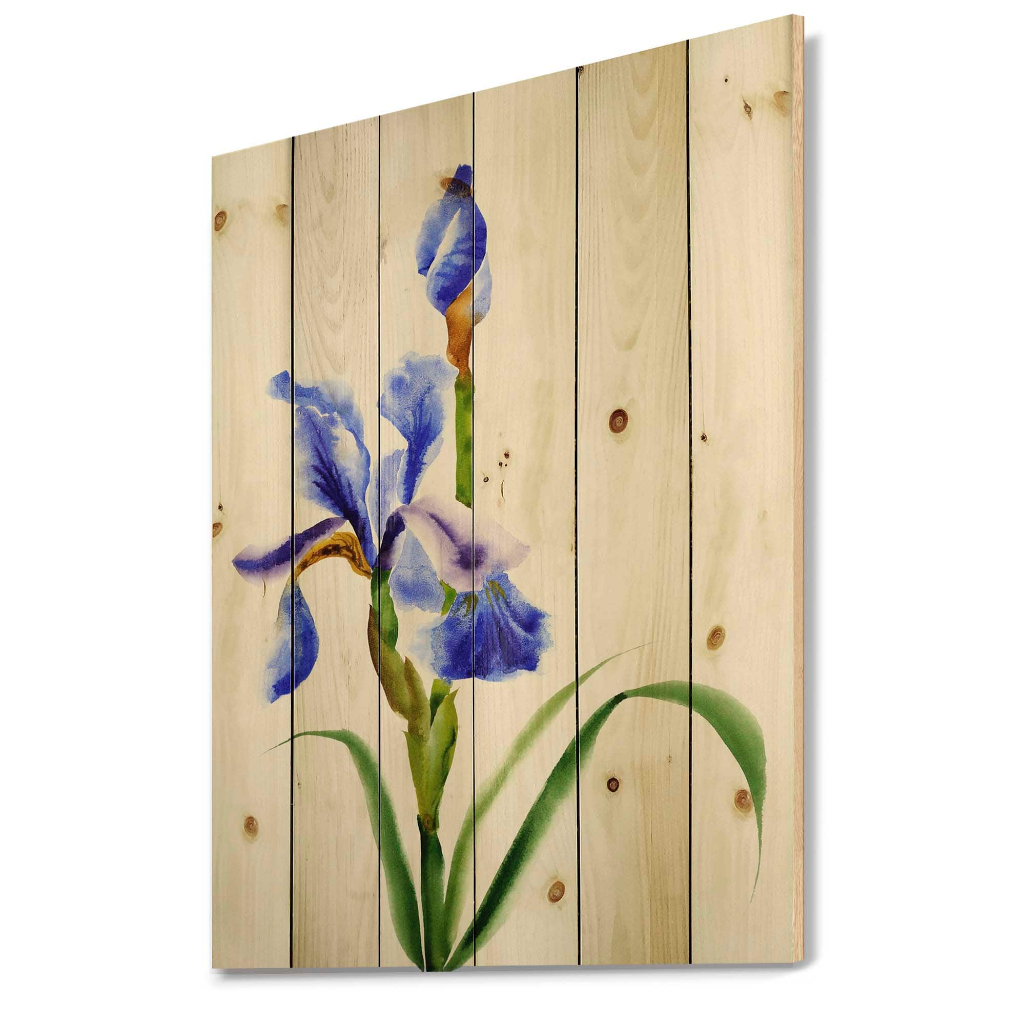 Designart - Retro Blue Iris Flower - Traditional Print on Natural Pine Wood