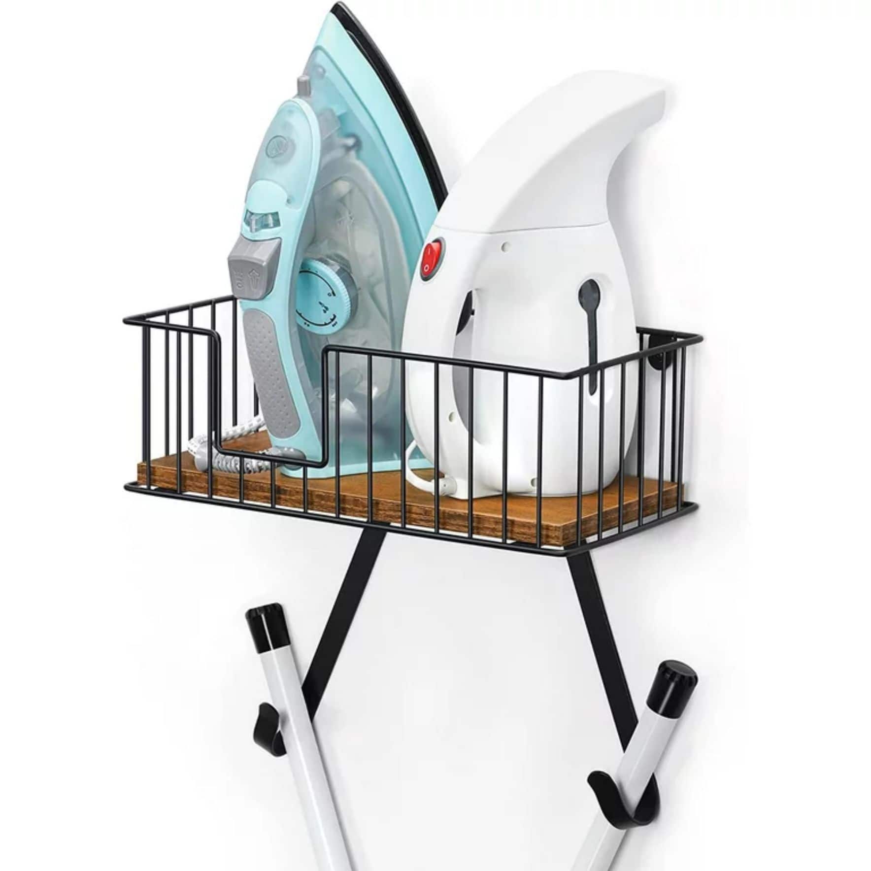 NEX&#x2122; Black Wall-Mounted Y-Leg Ironing Board Hanger with Storage Basket