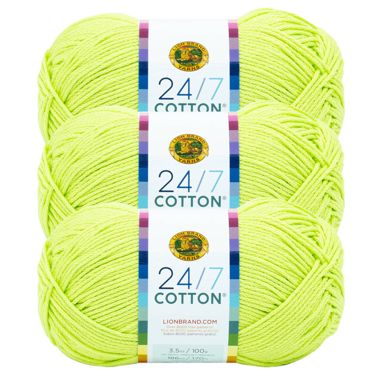 Lion Brand Yarn 24/7 Cotton Lime Mercerized Natural Fiber Medium Cotton Green Yarn 3 Pack, Size: 3.5 oz
