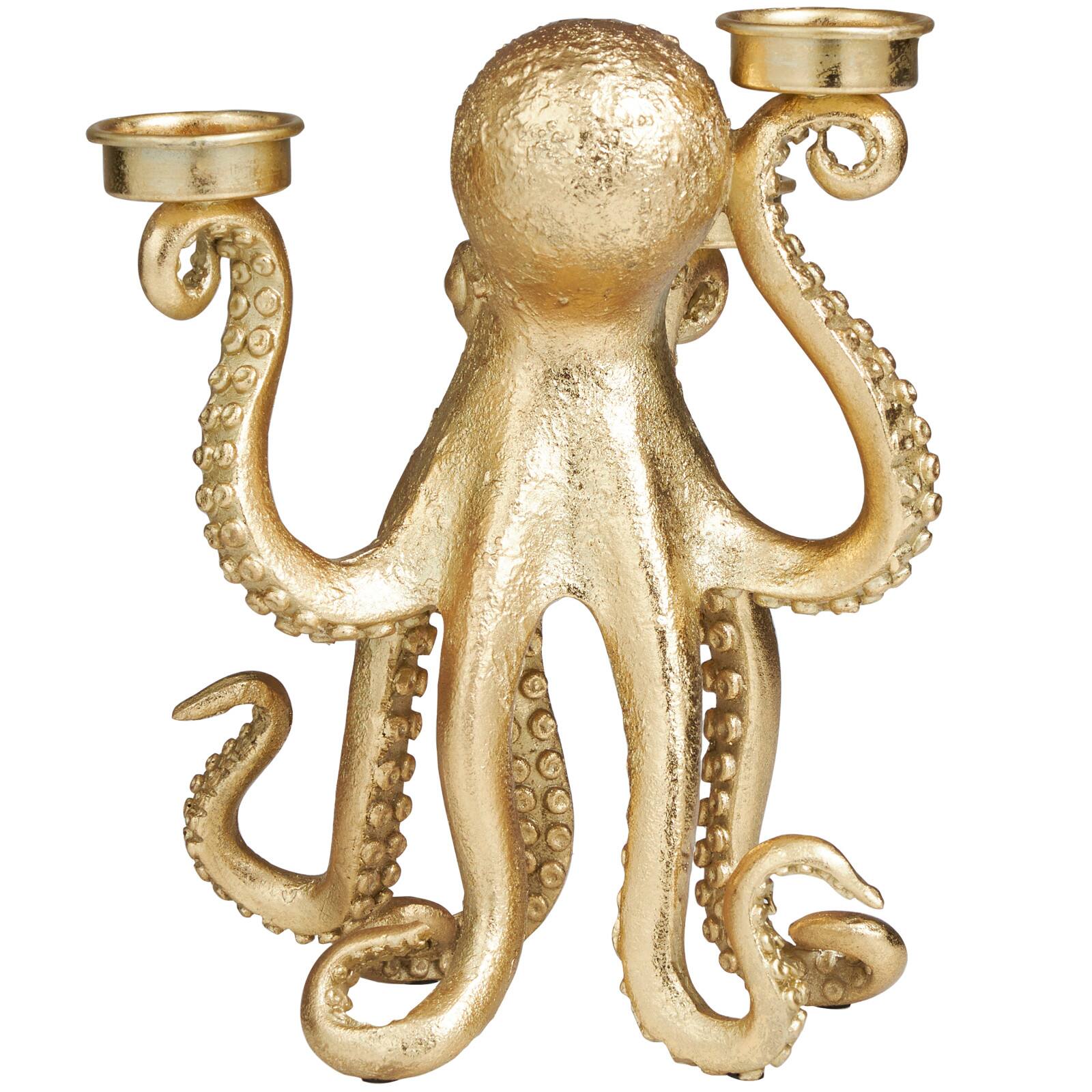 9" Gold Polystone Textured Octopus Candelabra with Tentacle Candle Slots