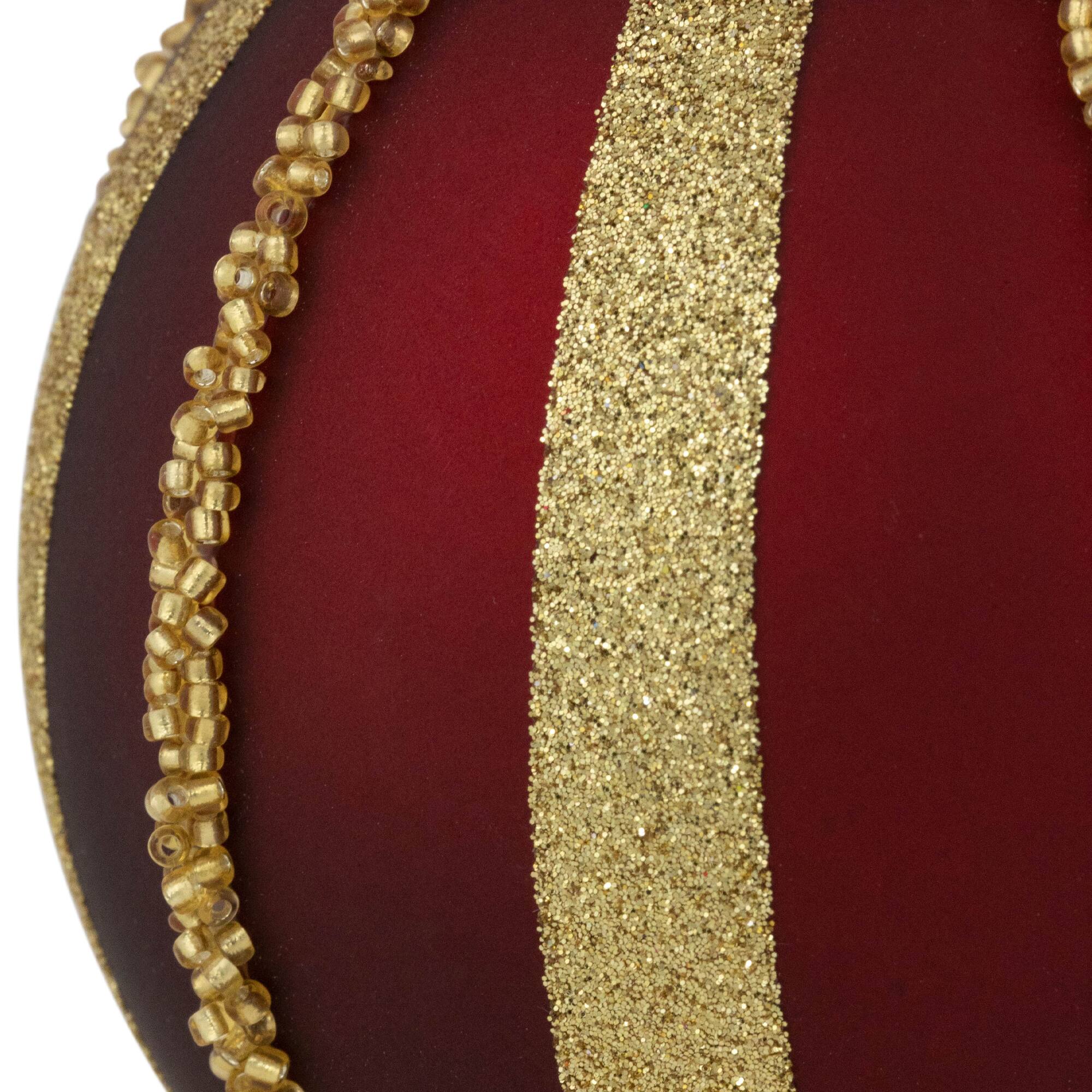2ct. 4" Burgundy and Gold Striped Beaded Christmas Glass Ball Ornaments