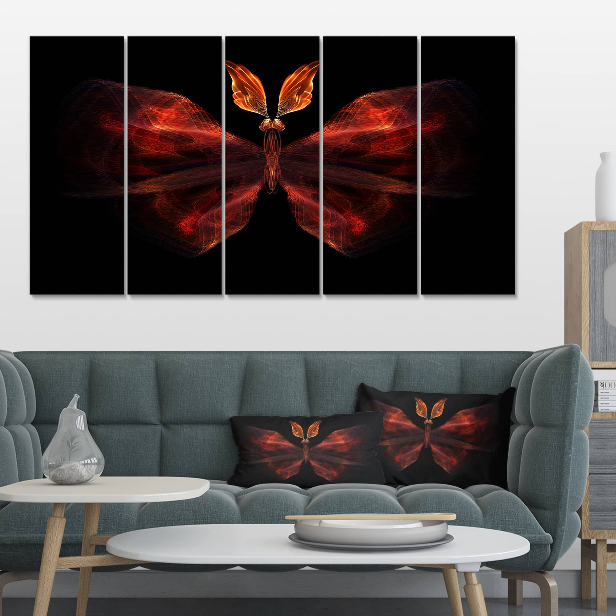 Designart - Red Fractal Butterfly in Dark - Abstract Canvas Art Print