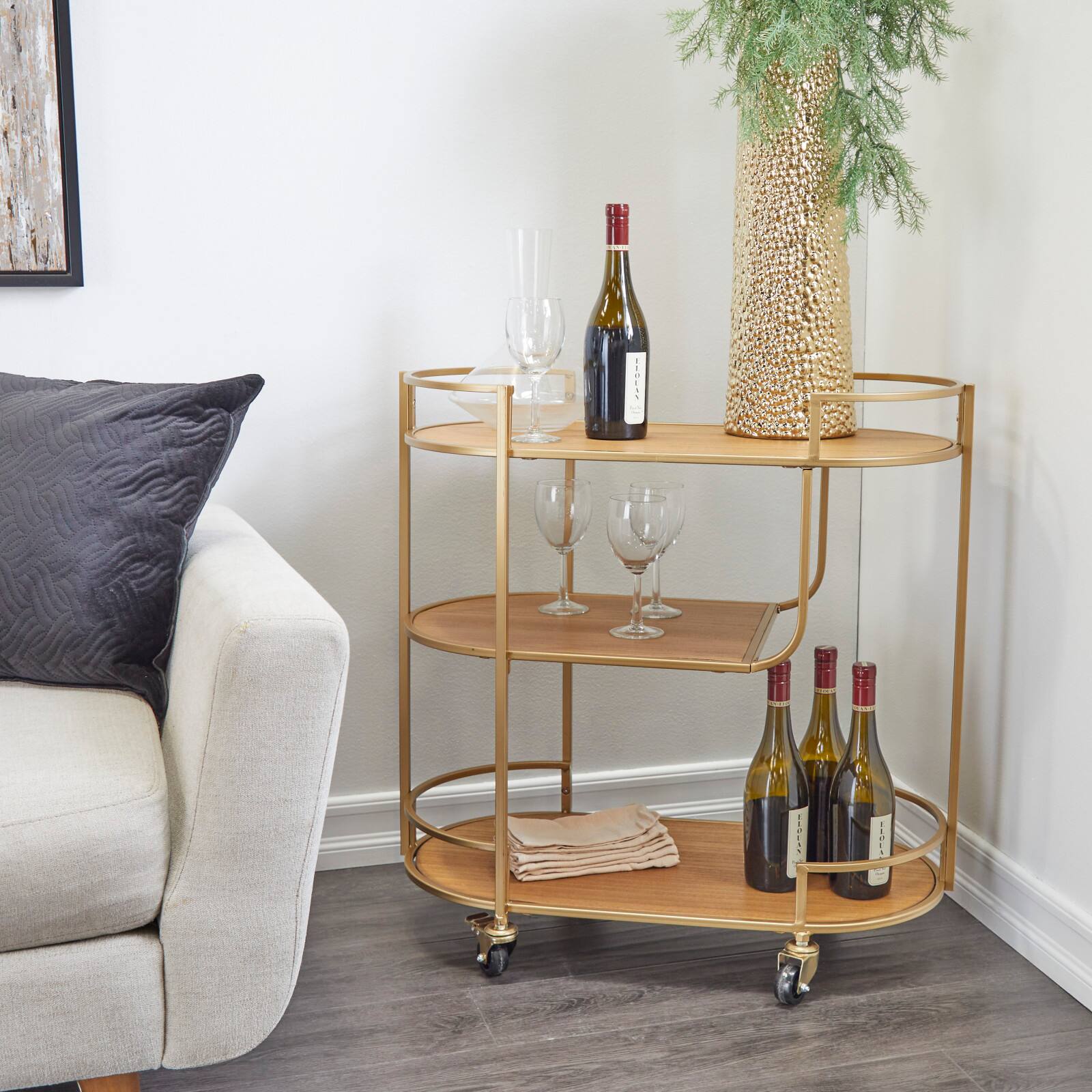Gold Wood Rolling 3 Shelves Bar Cart with Handles 30&#x22; x 15&#x22; x 30&#x22;