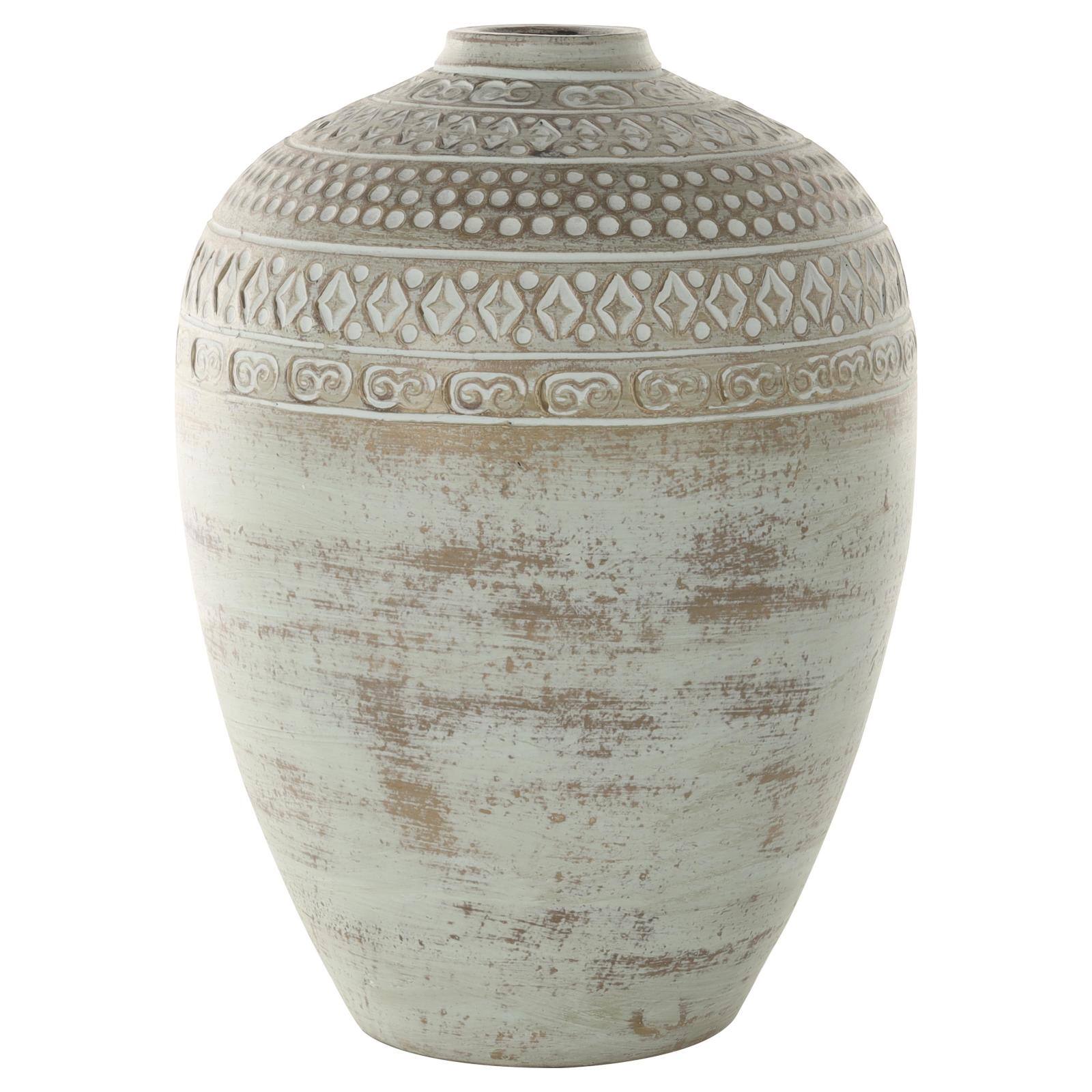 15.25" Green Ceramic Handmade Antique Style Decorative Vase with Geometric Tribal Carvings