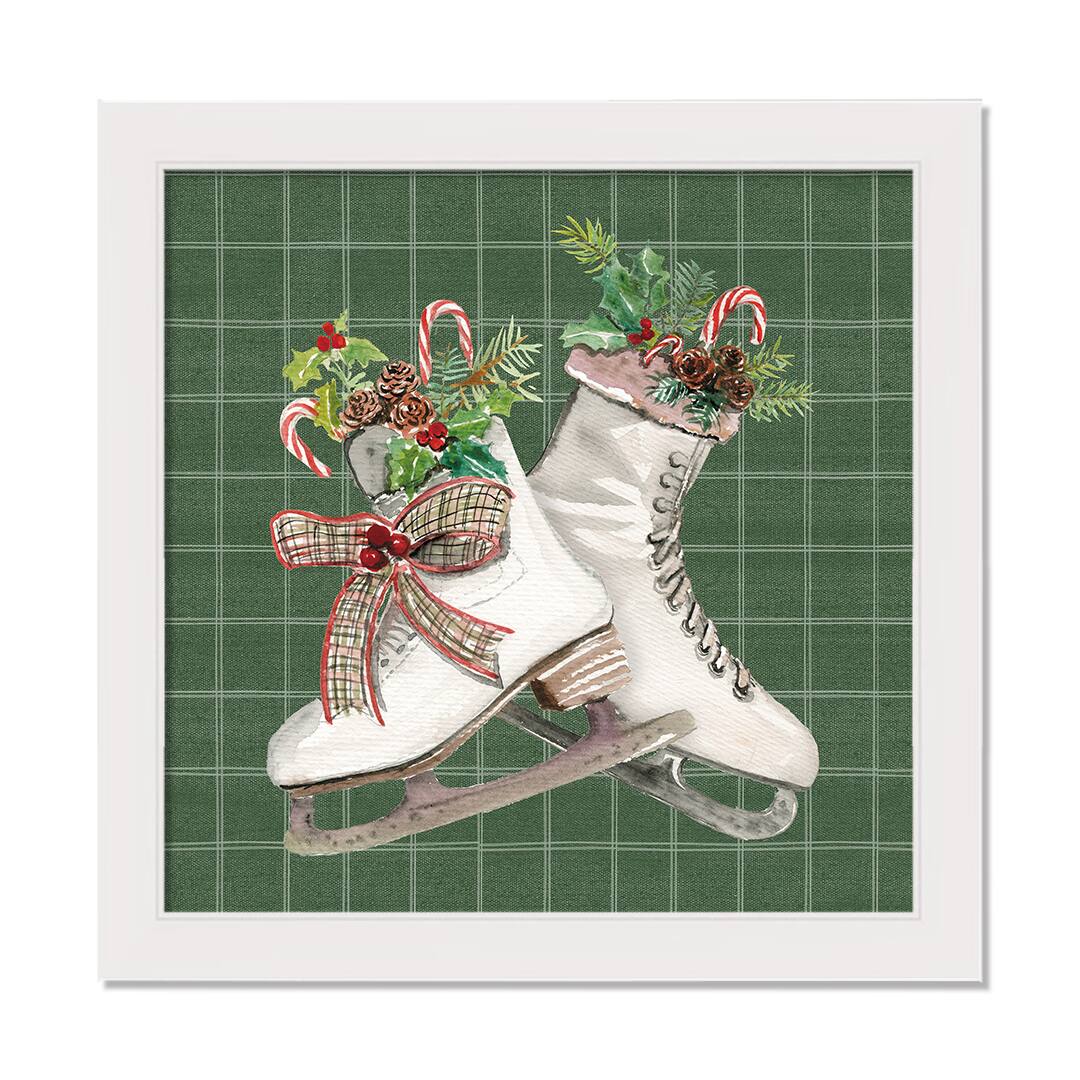 Green Christmas Ice Skates Framed Canvas Wall Art