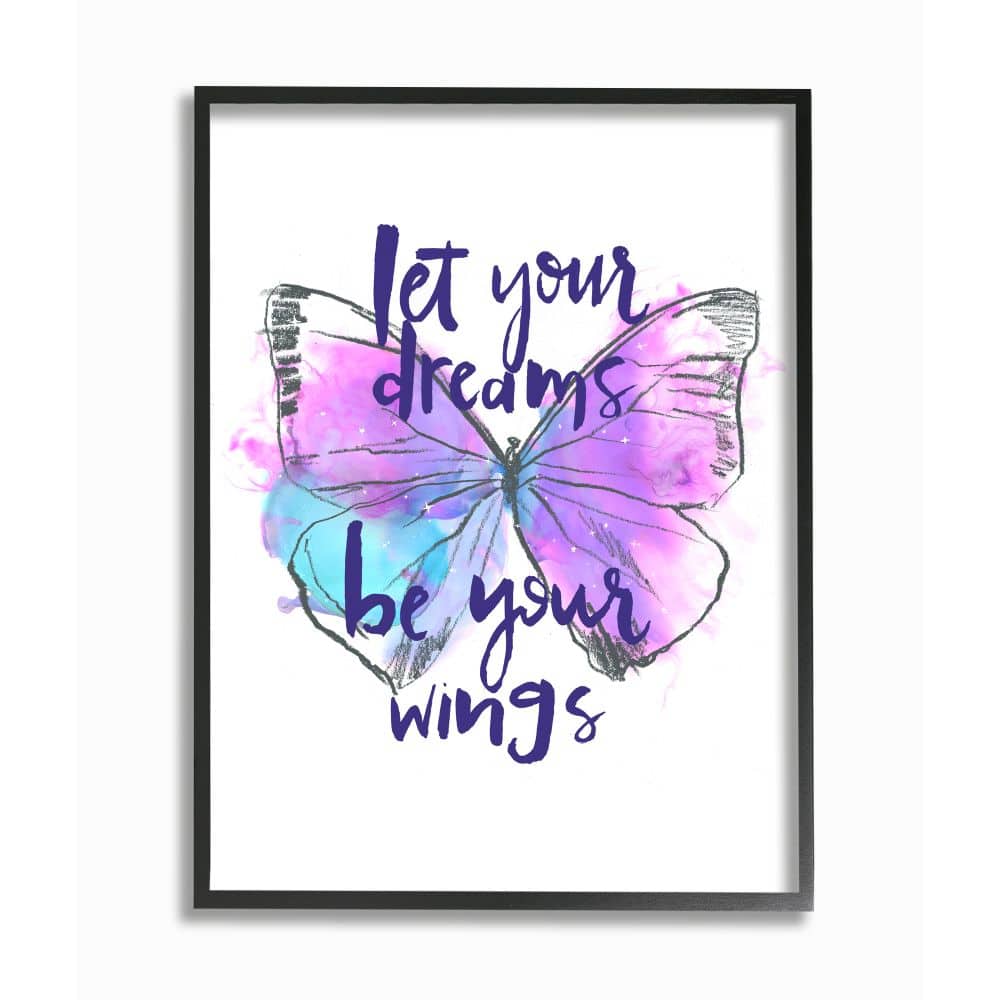 Stupell Industries Dreams Quote Purple Blue Butterfly Inspirational Sketch in Black Frame Wall Art