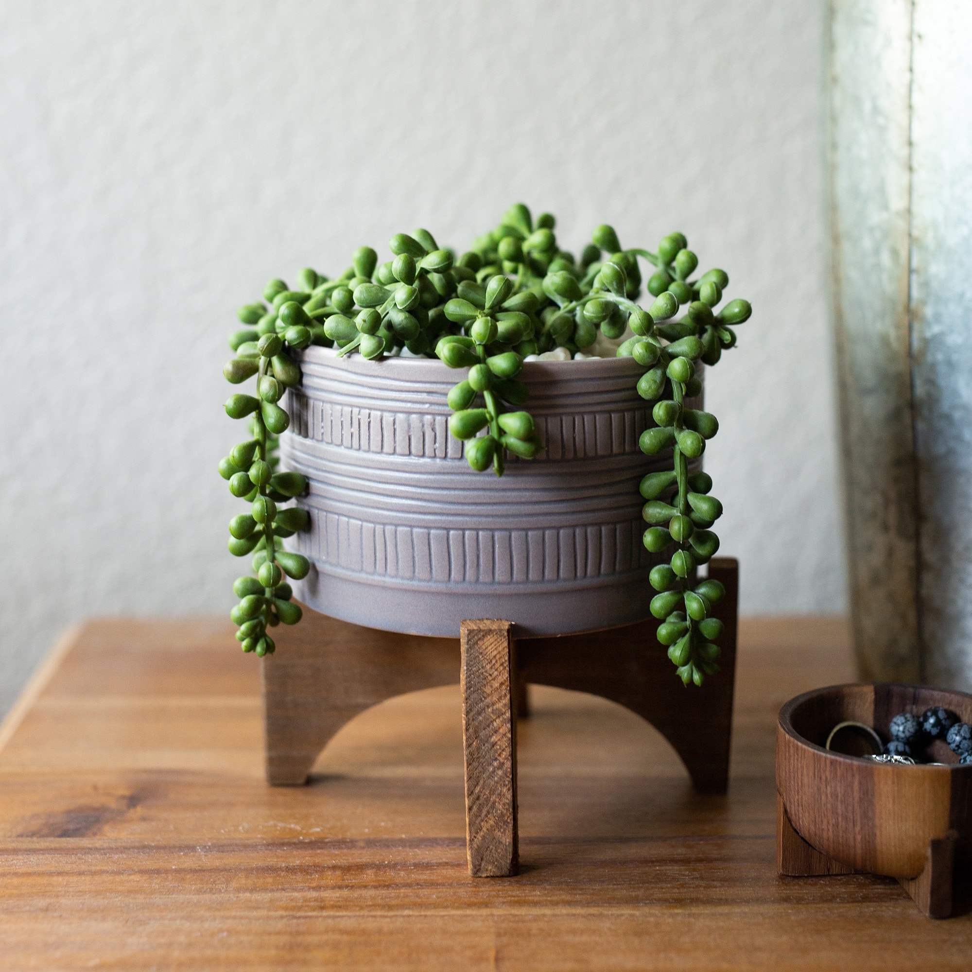 Flora Bunda 5&#x22; Matte Gray Pueblo Pot Planter With Wood Stand