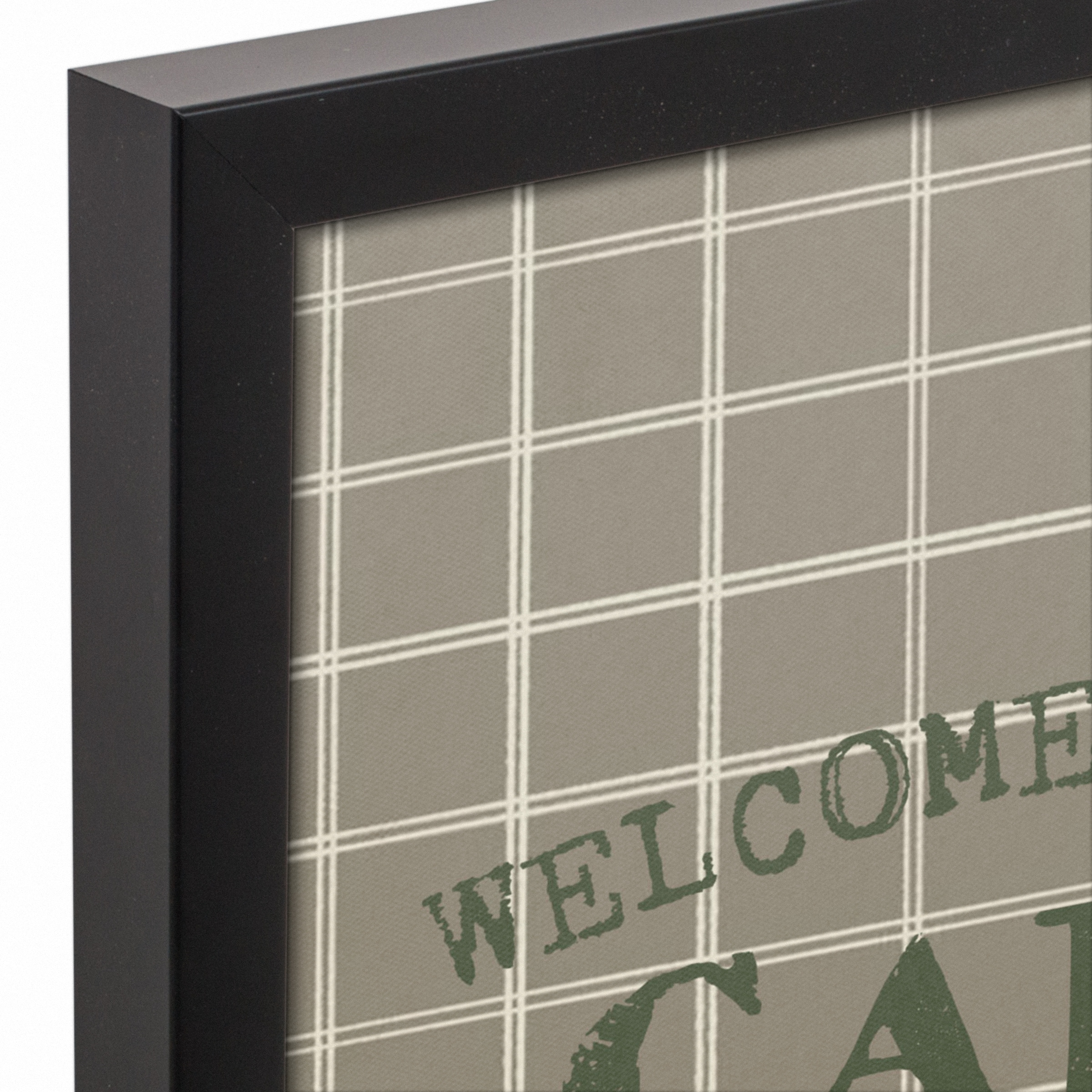 Welcome To Our Cabin Taupe and White Check Canvas Wall Art in Black Frame
