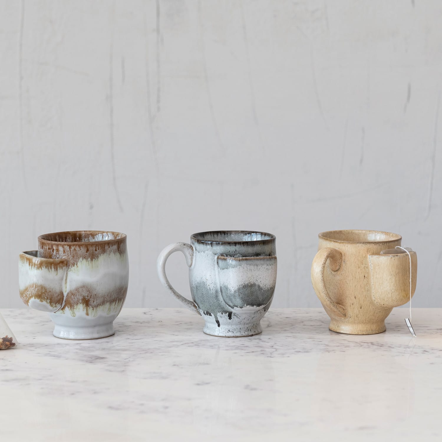 Reactive Glaze Stoneware Mugs with Tea Bag Holders Set